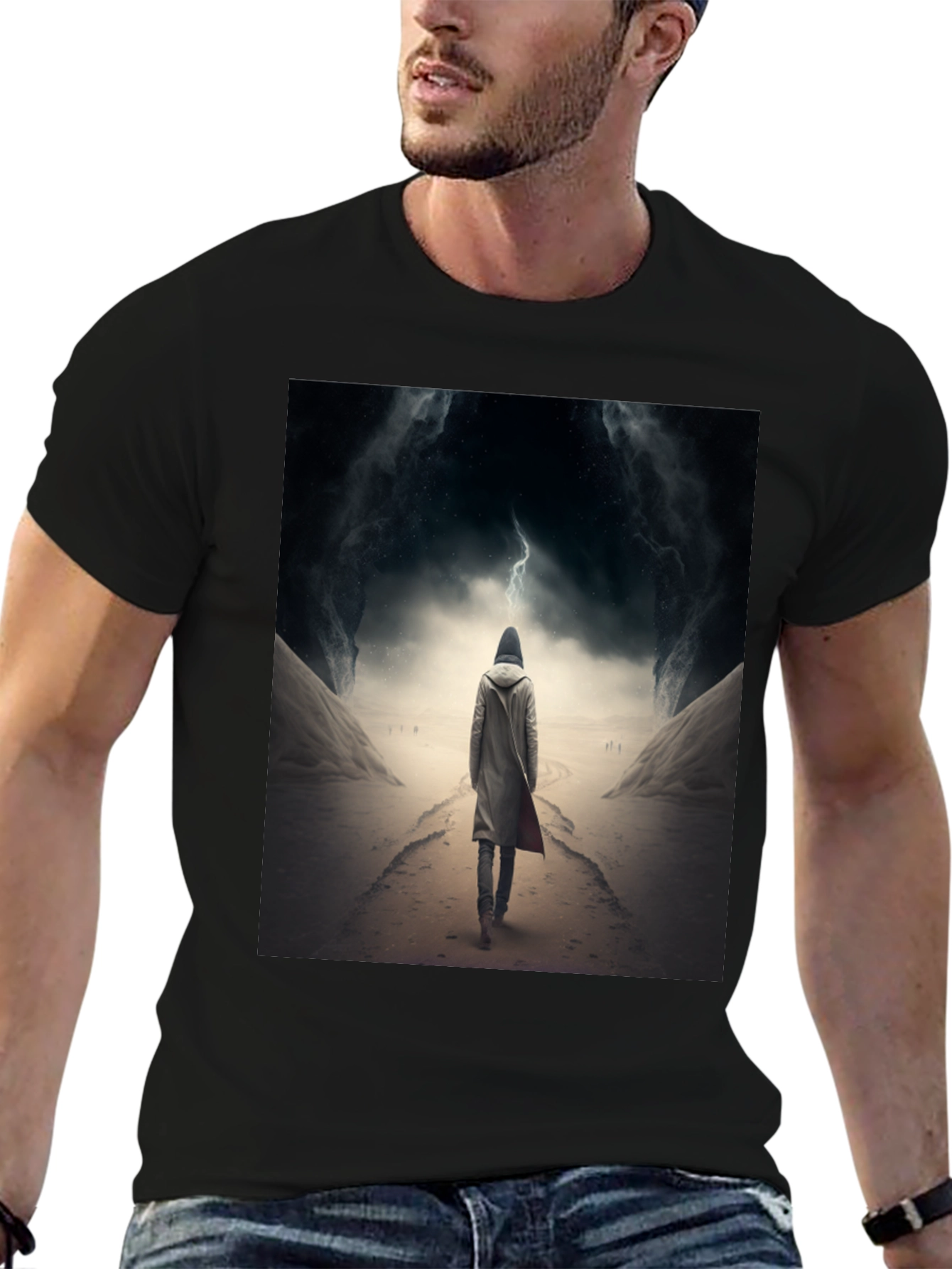 Black Hooded Figure Lightning Black T-Shirt view 6