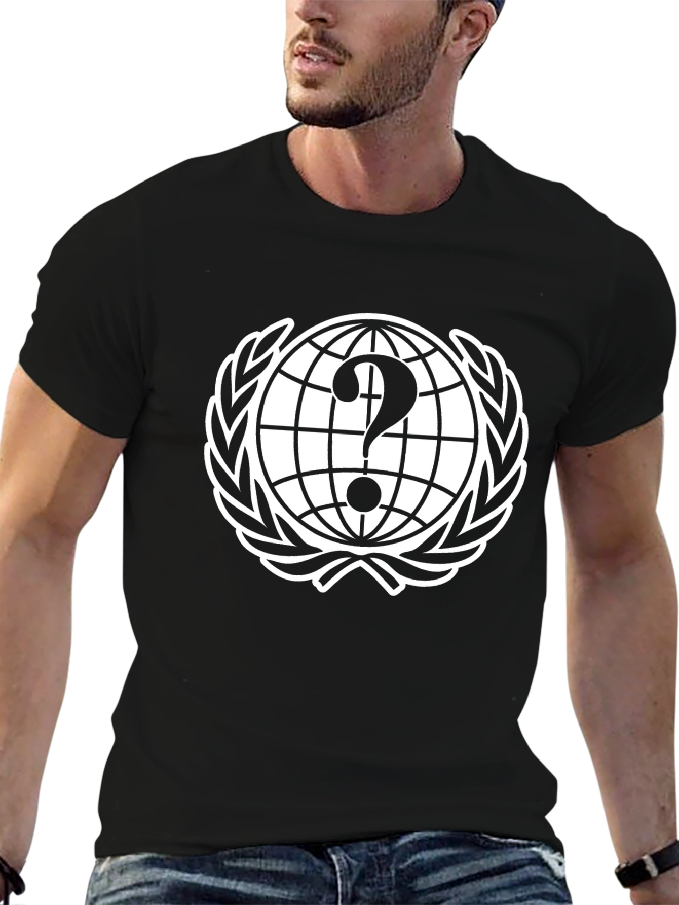 Black Question Globe T-Shirt - Unisex Black Tee view 6