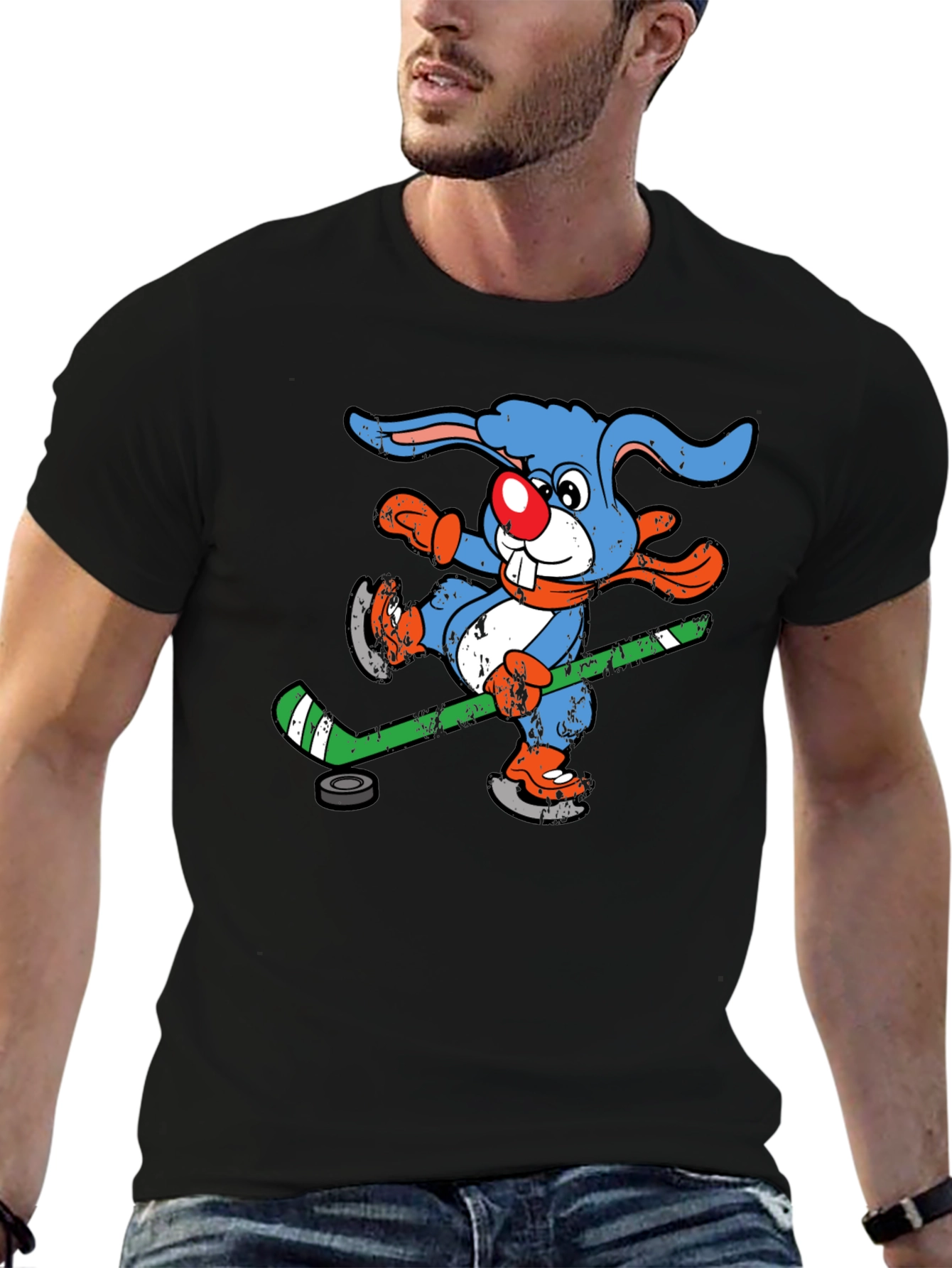Black Funny Hockey Bunny T-Shirt view 6