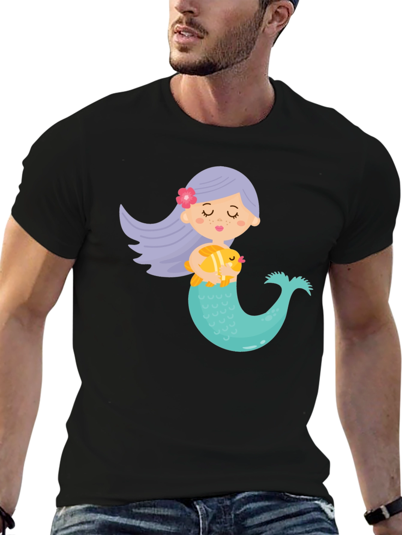 Black Cute Mermaid Graphic Tee - Black Unisex T-Shirt view 6
