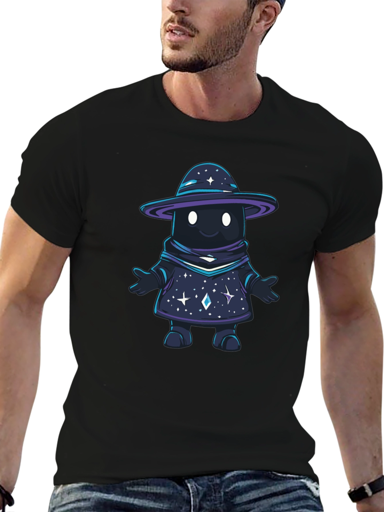 Black Galaxy Wizard Graphic T-Shirt - Unisex Black Tee view 6