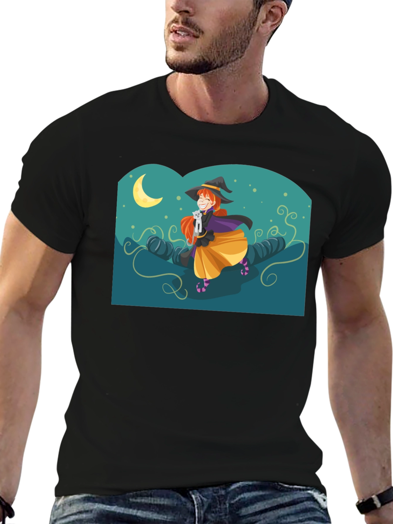 Black Whimsical Witch Graphic Tee - Black Cotton Shirt view 6