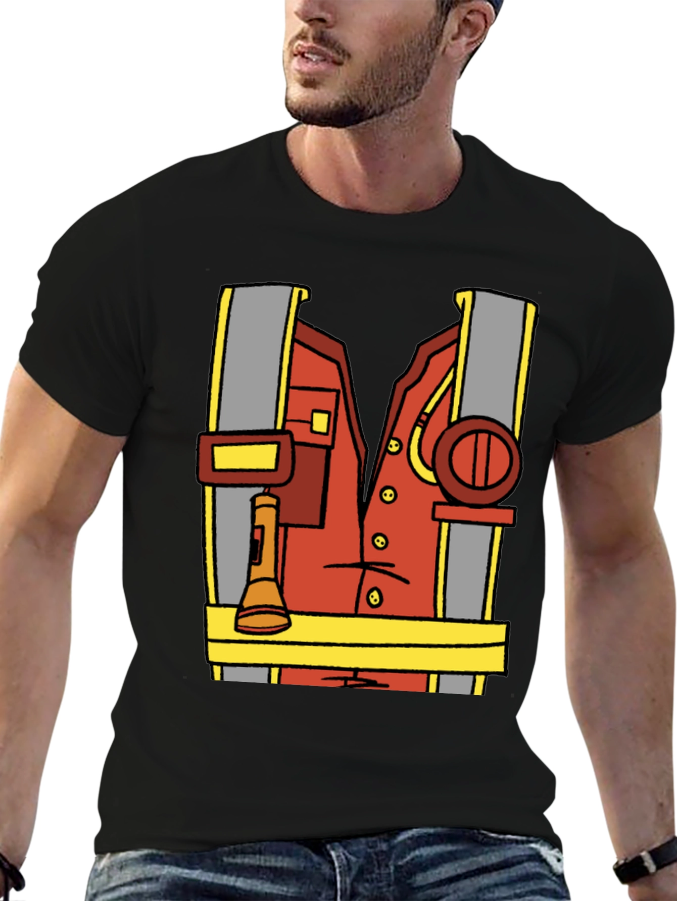 Black Cartoon Firefighter Costume Tee view 6