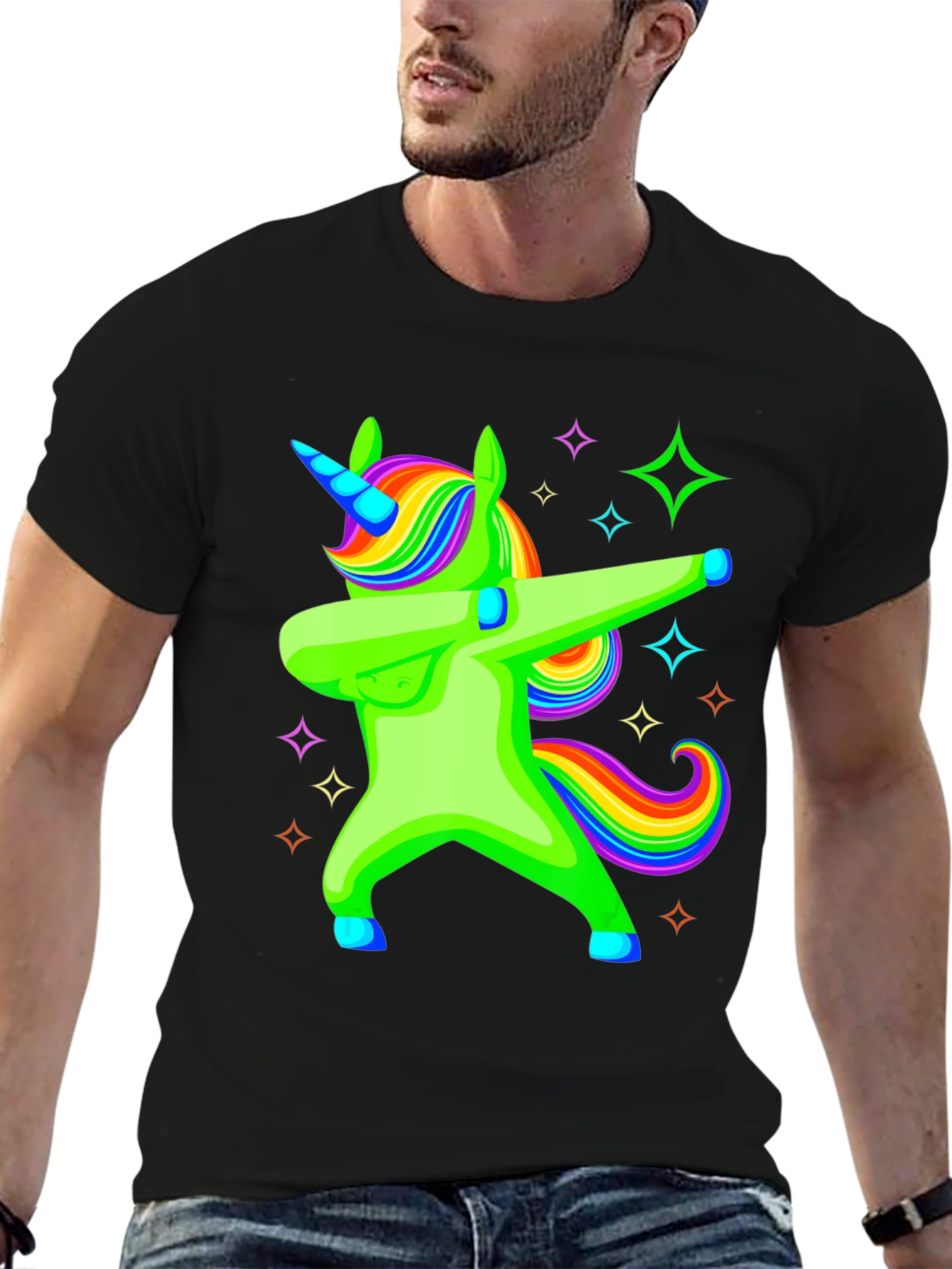 Black Dabbing Unicorn Graphic Tee - Rainbow Mane Black T-Shirt view 6