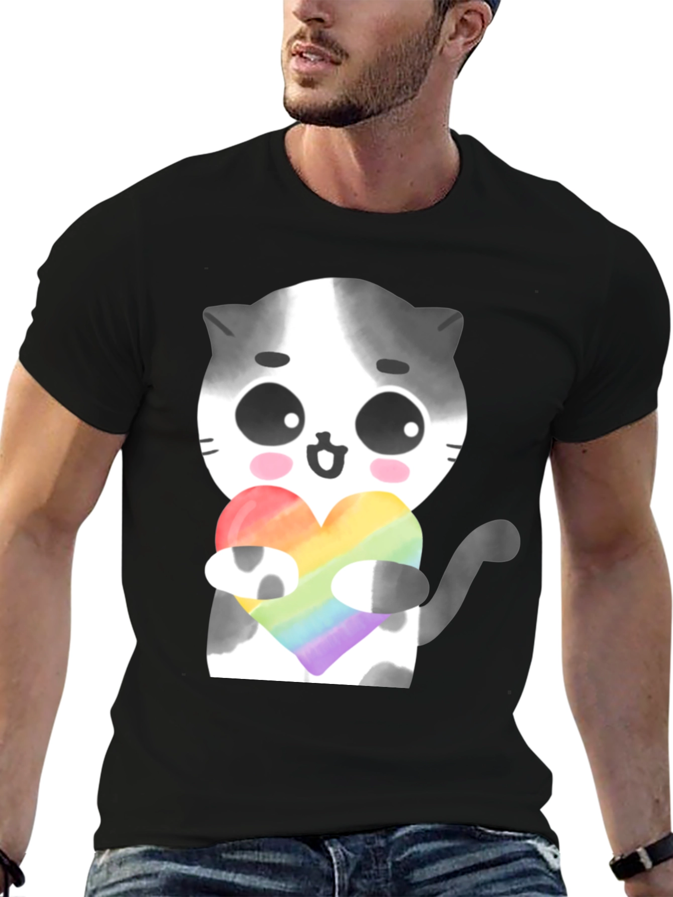 Black Cute Cat Holding Rainbow Heart T-Shirt view 6