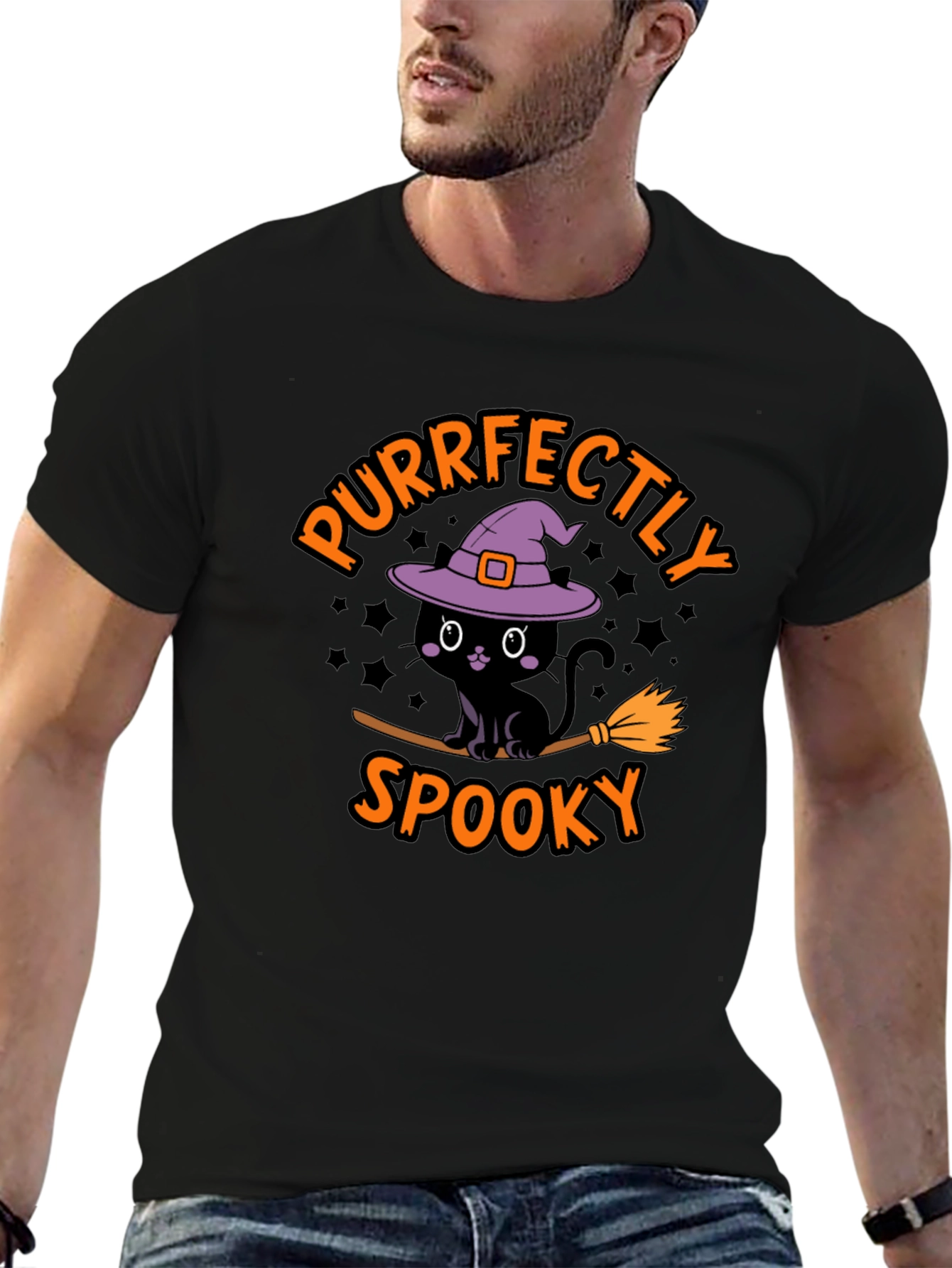 Black Purrfectly Spooky Halloween Black Cat T-Shirt view 6