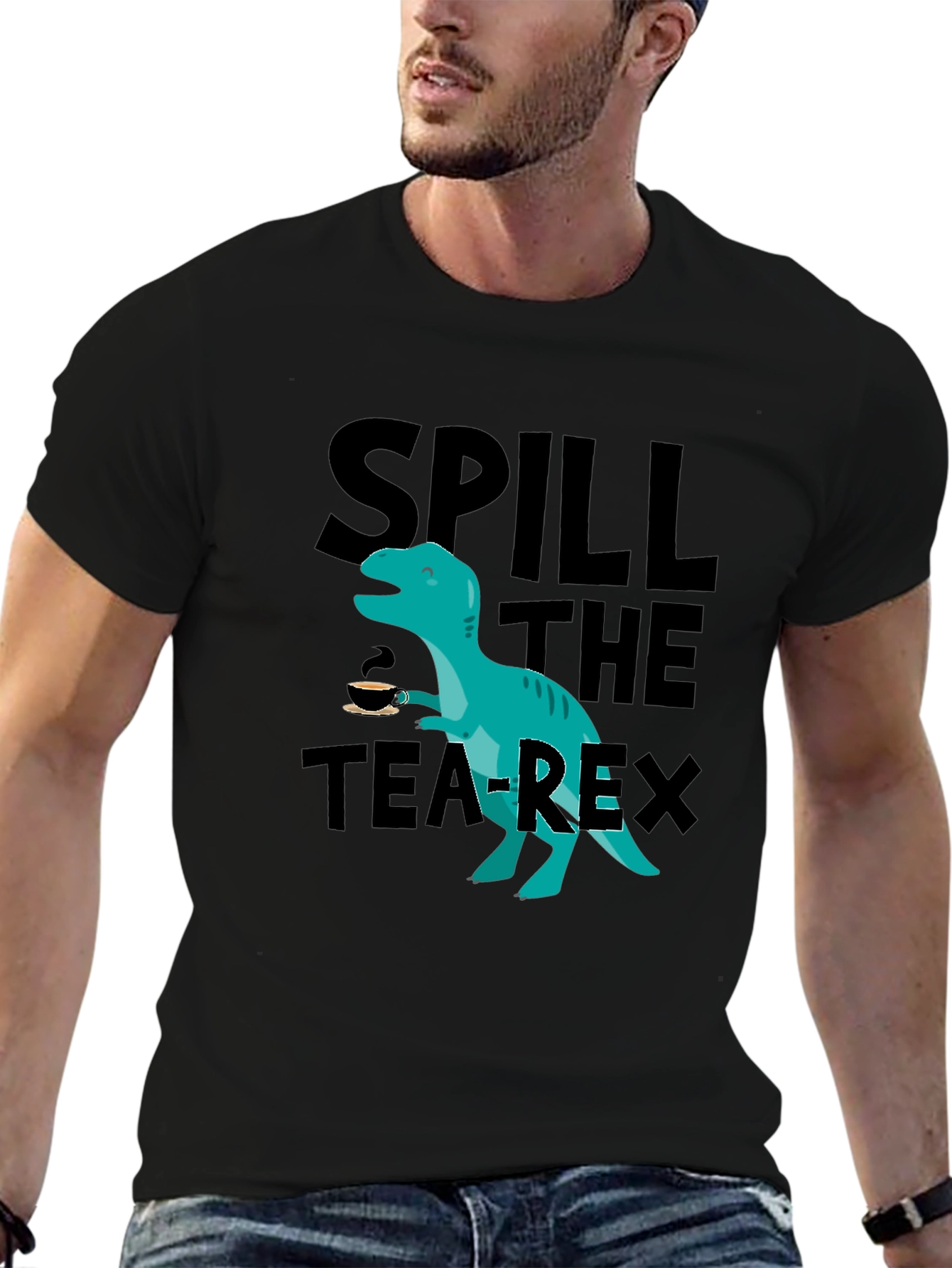 Black Spill the Tea-Rex T-Shirt - Funny Dinosaur Graphic Tee view 6