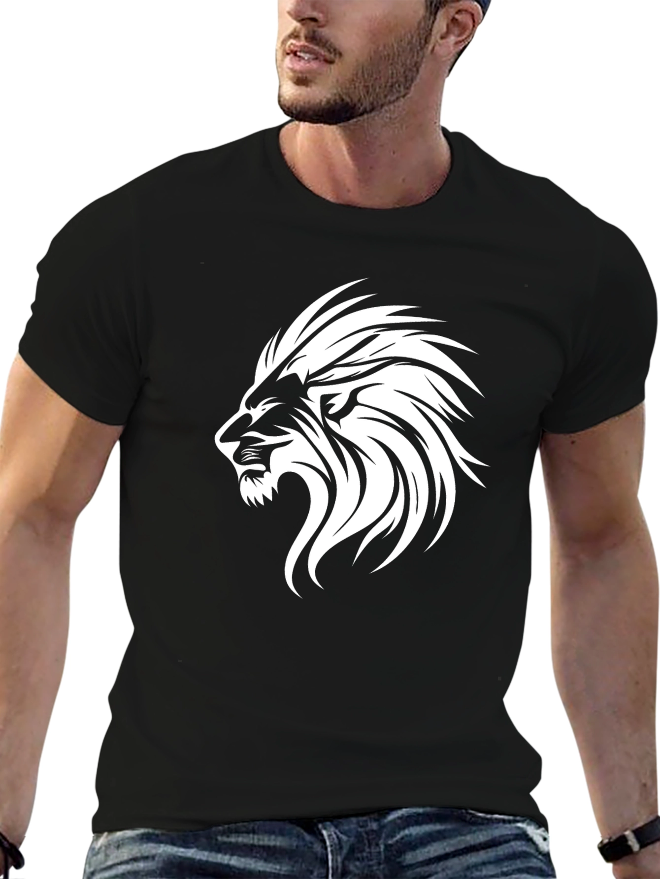 Black Bold Lion Graphic Print Men's Black T-Shirt view 6