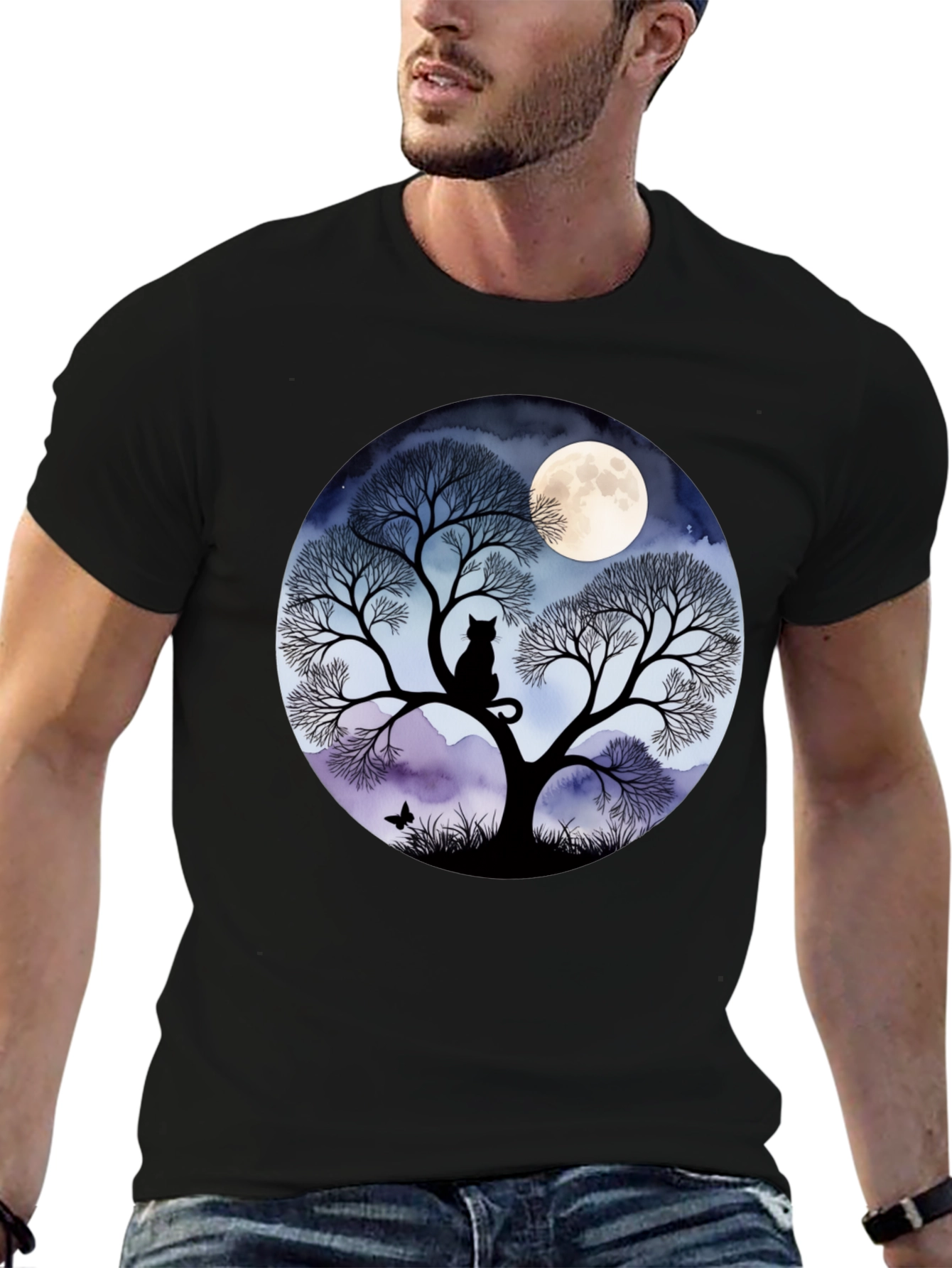 Black Moonlit Cat Tree Graphic Tee view 6