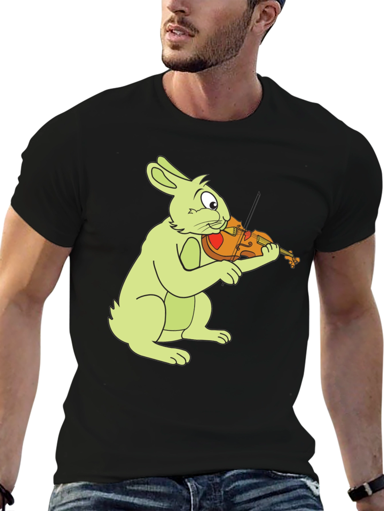 Black Rabbit Playing Violin Graphic Tee - Black Cotton Comfort view 6