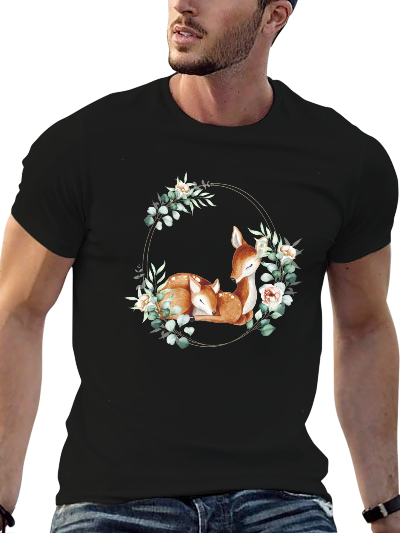 Black Deer Floral Wreath Black T-Shirt view 6