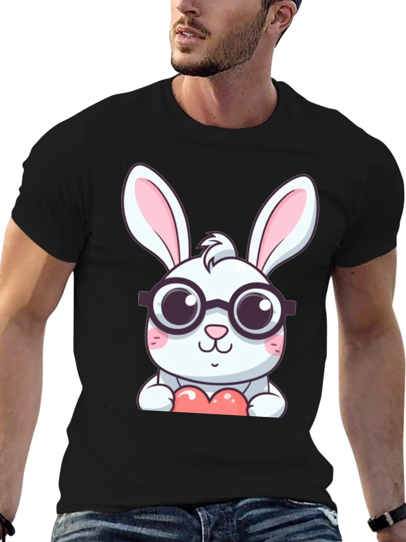Black Cute Bunny with Glasses Black T-Shirt view 6