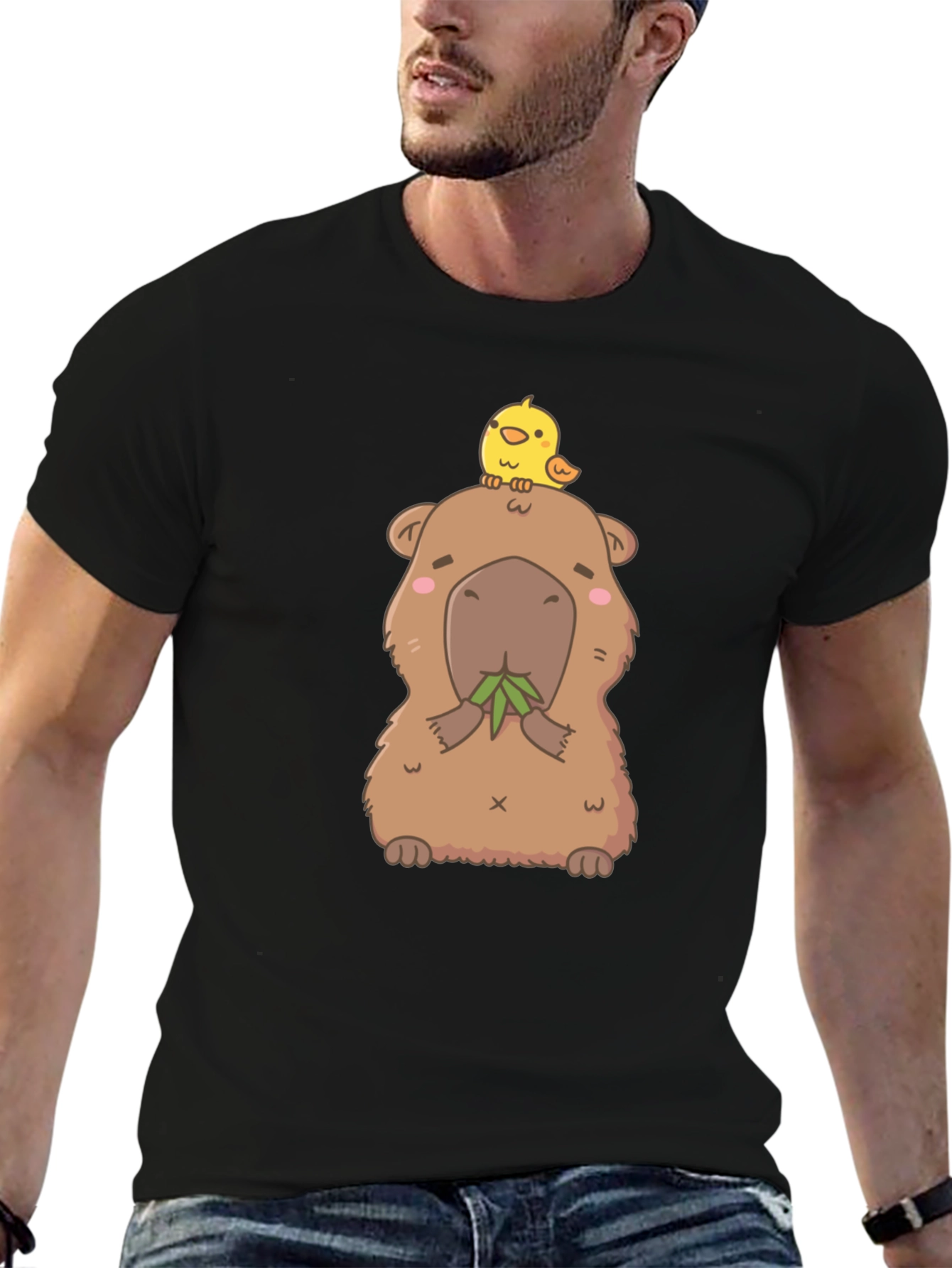 Black Cute Capybara & Chick T-Shirt - Unisex Cotton Tee view 6