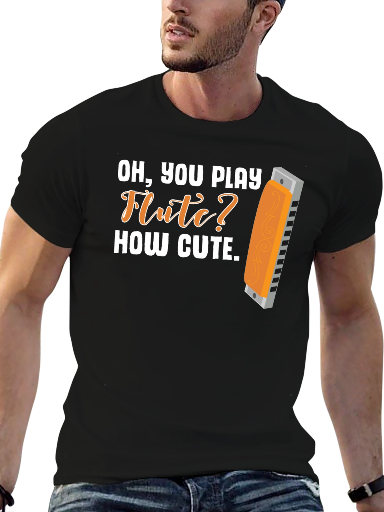 Black Funny Harmonica T-Shirt: Oh, You Play Flute? How Cute view 6