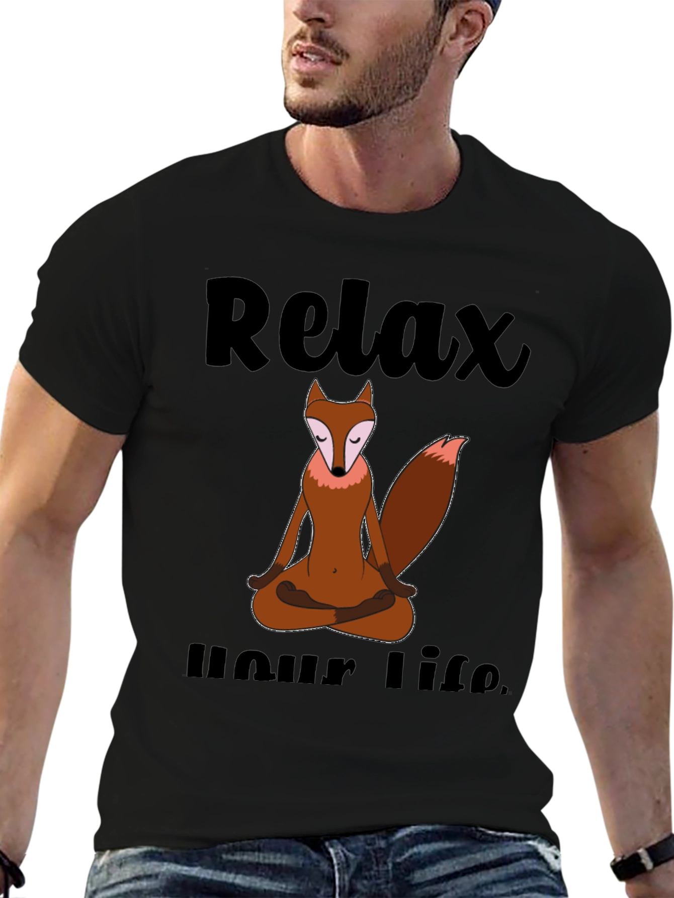 Black Relax Your Life Meditation Fox T-Shirt view 6
