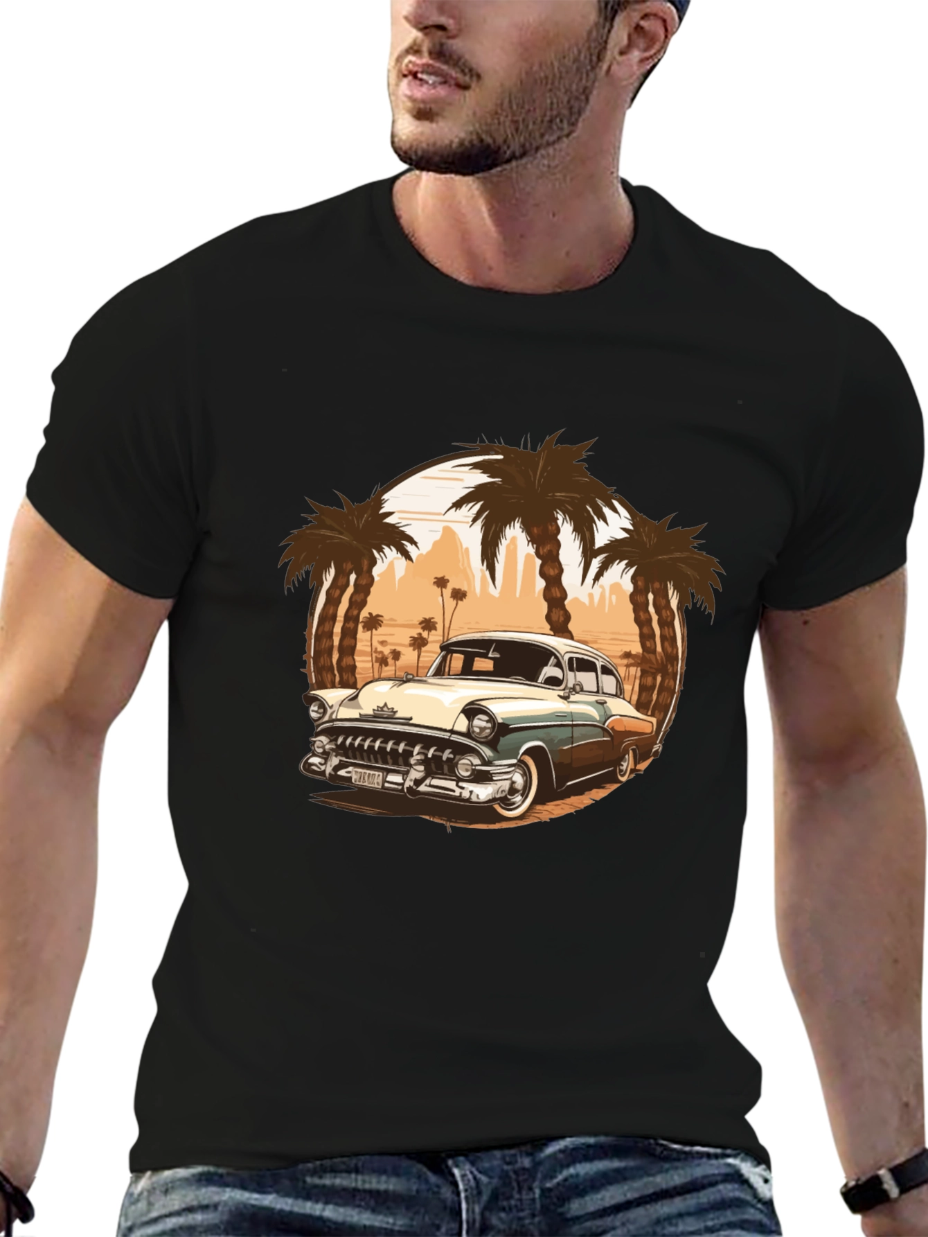Black Vintage Car Graphic Tee - Palm Tree Design view 6