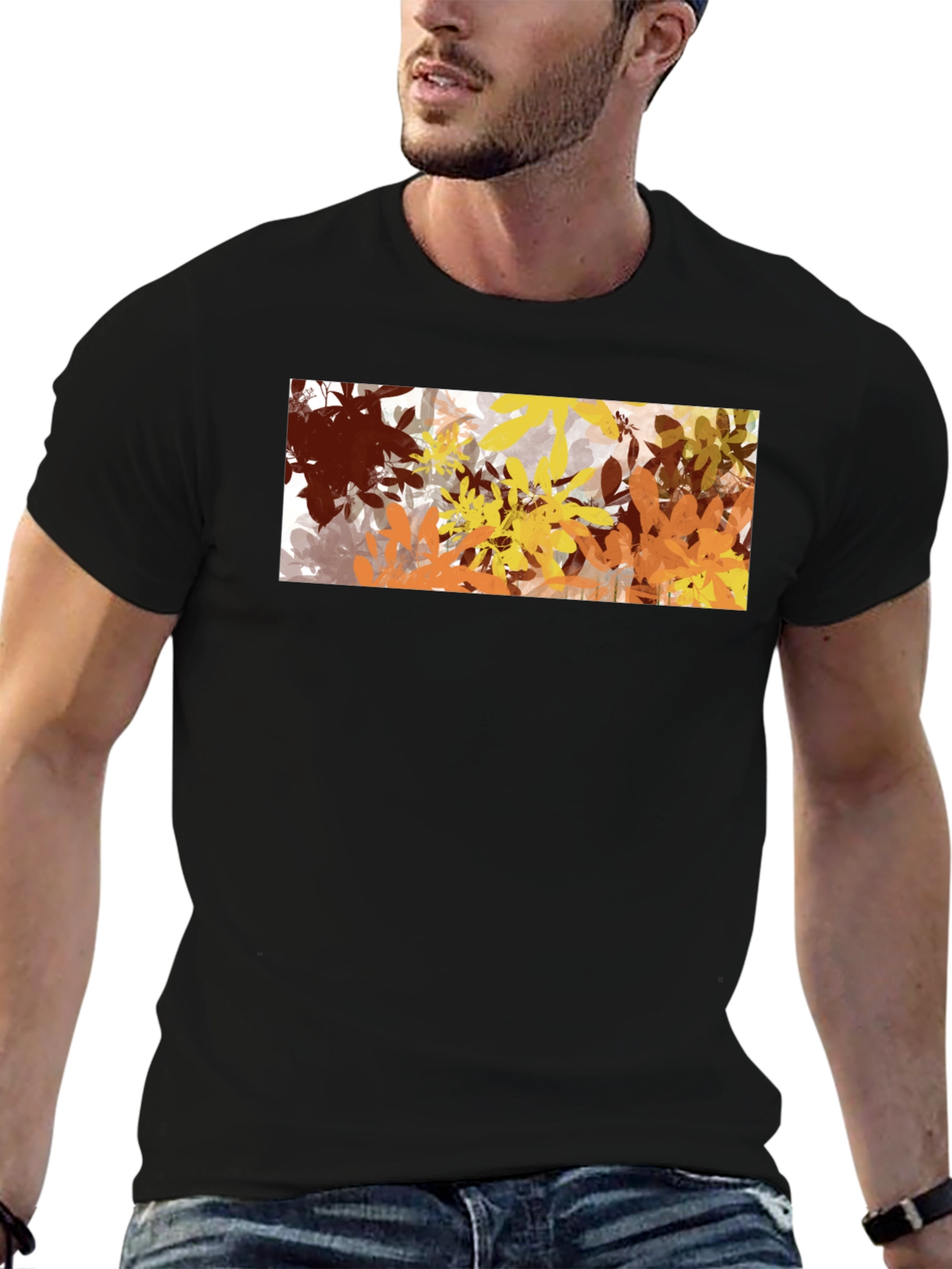 Black Abstract Autumn Leaves Graphic Black T-Shirt view 6
