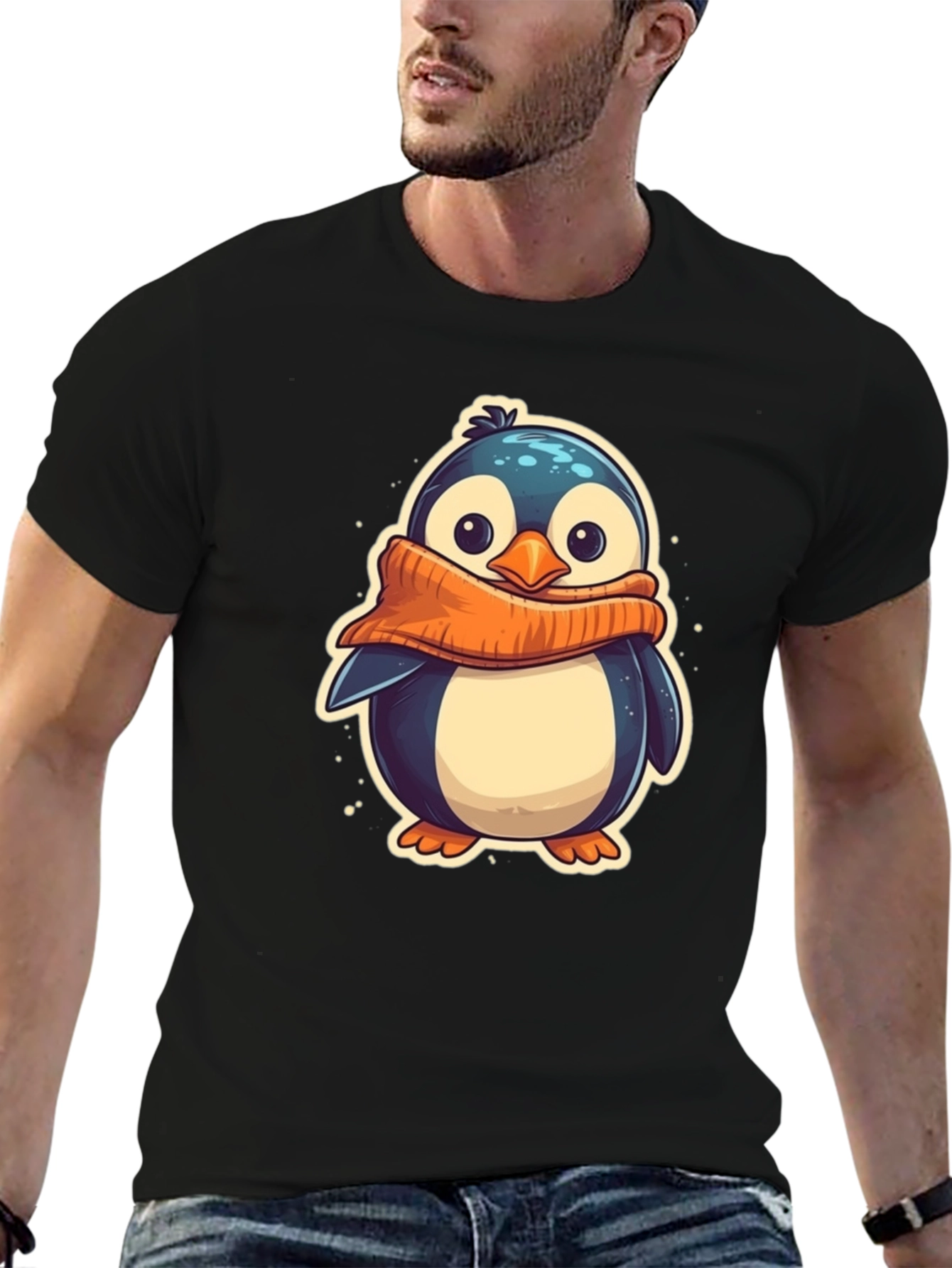 Black Cute Penguin Scarf Graphic Tee - Black Cotton T-Shirt view 6