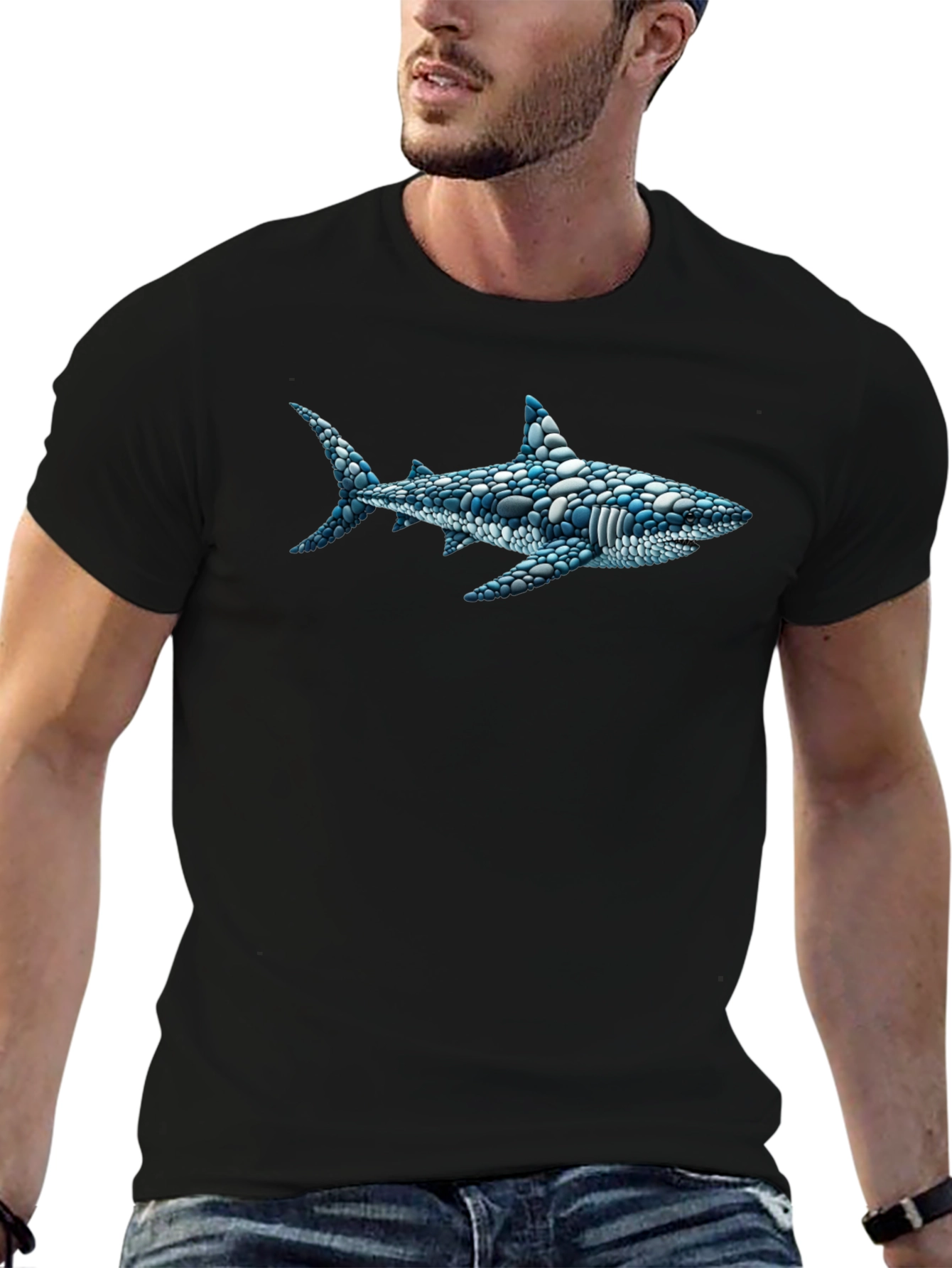 Black Shark Pebble Art Men's Black T-Shirt view 6