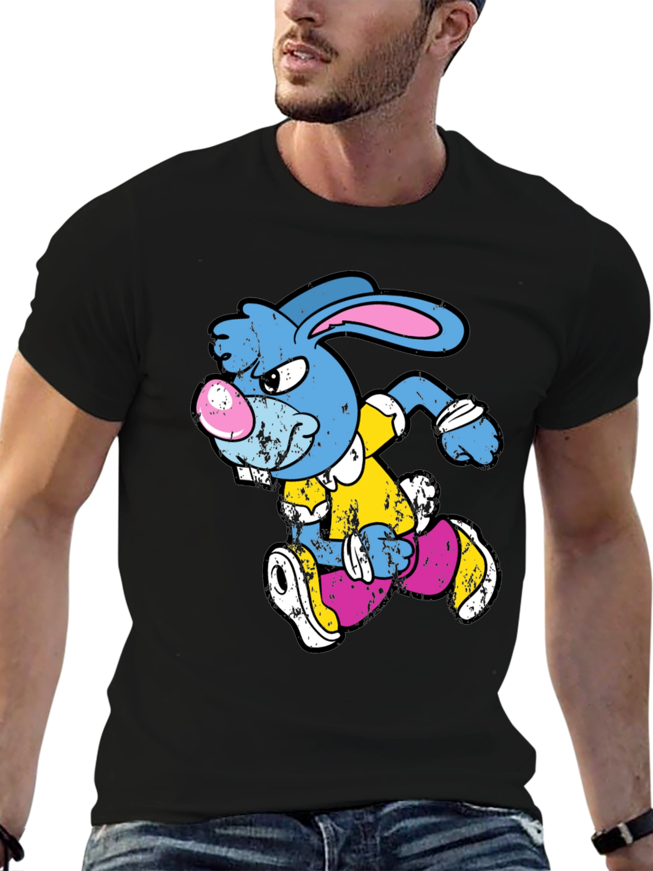 Black Running Rabbit Graphic T-Shirt - Black Cotton Tee view 6