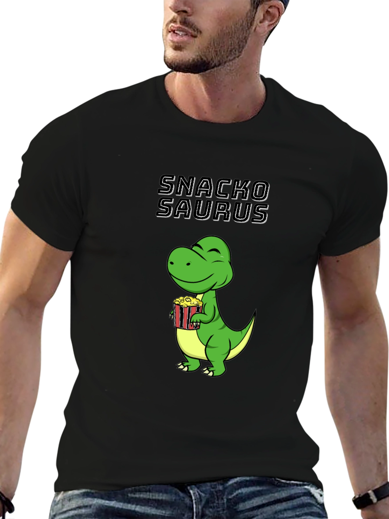 Black Snackosaurus T-Shirt - Funny Dinosaur Eating Popcorn Tee view 6