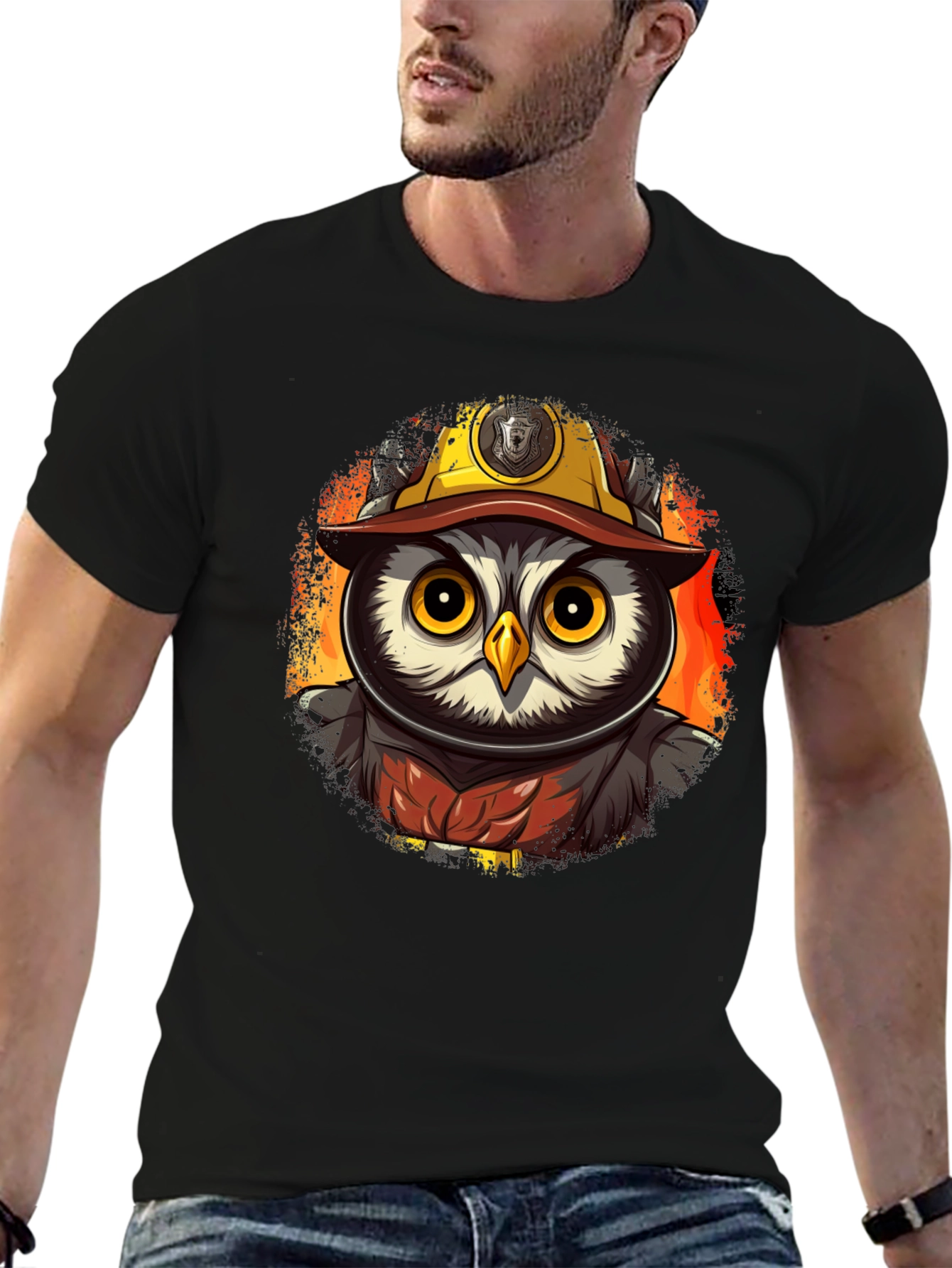 Black Owl Firefighter T-Shirt - Cartoon Design view 6
