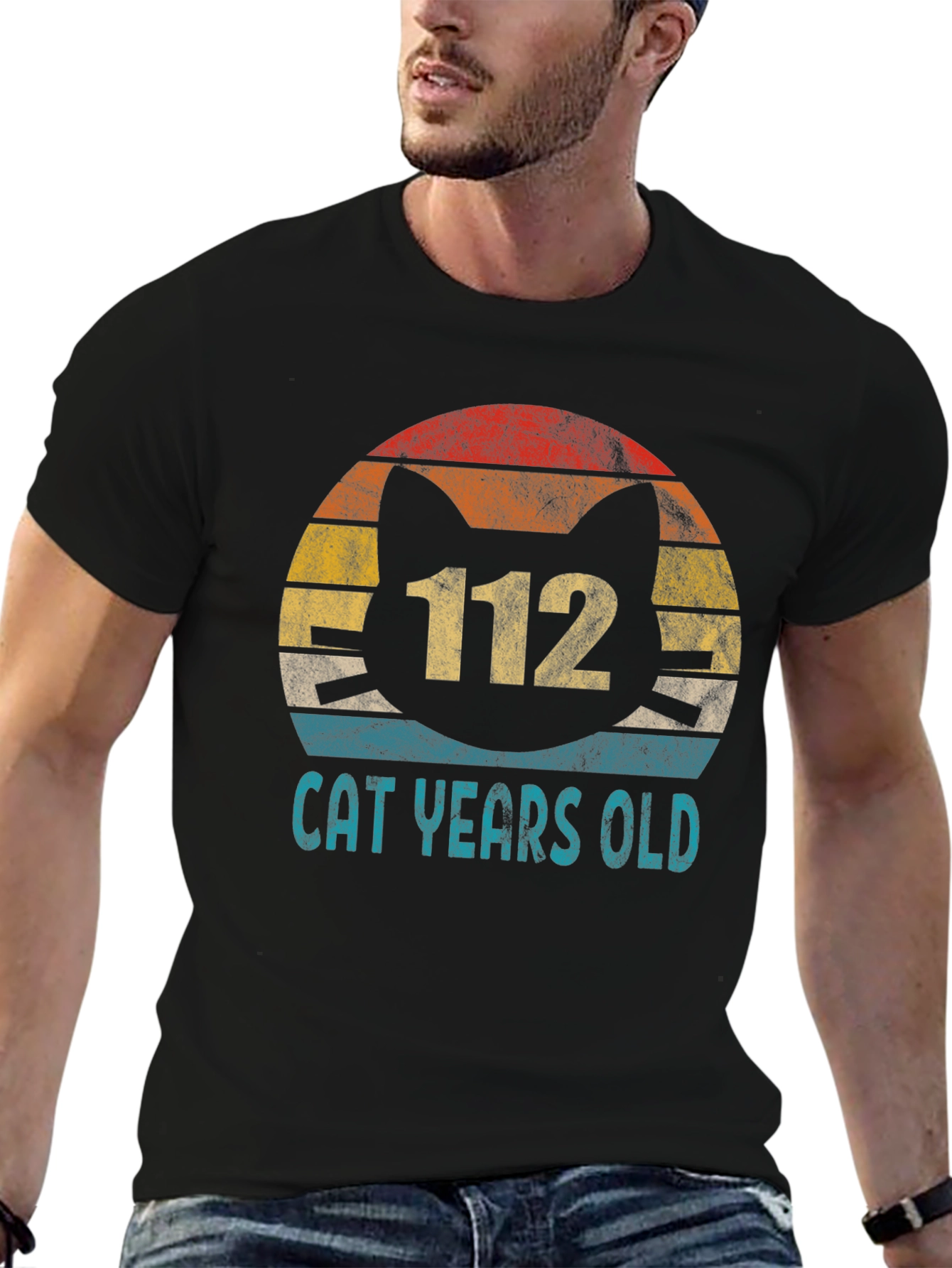 Black 112 Cat Years Old T-Shirt - Funny Vintage Retro Design view 6