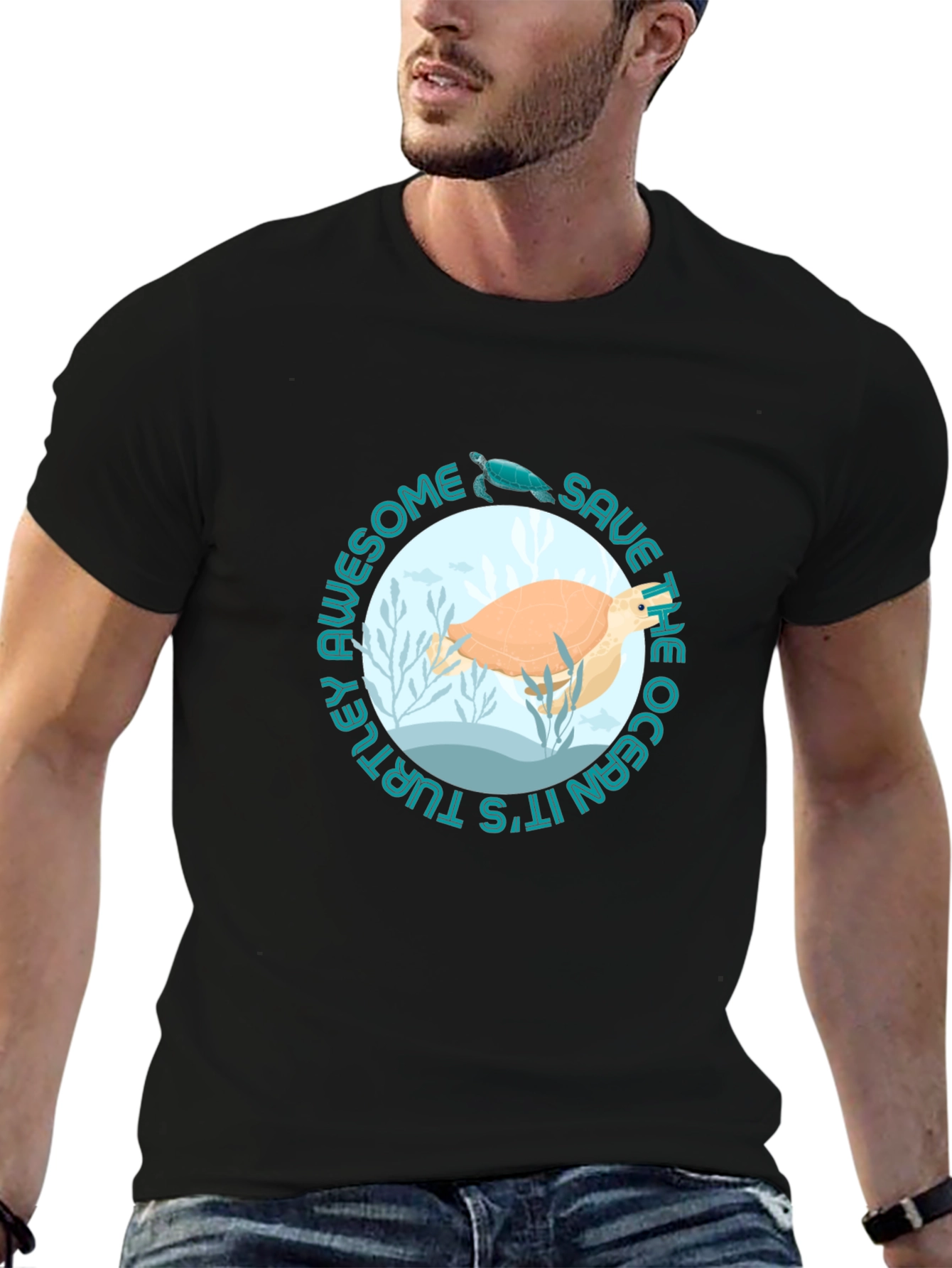 Black Save the Ocean Awesome Turtle Graphic Tee view 6
