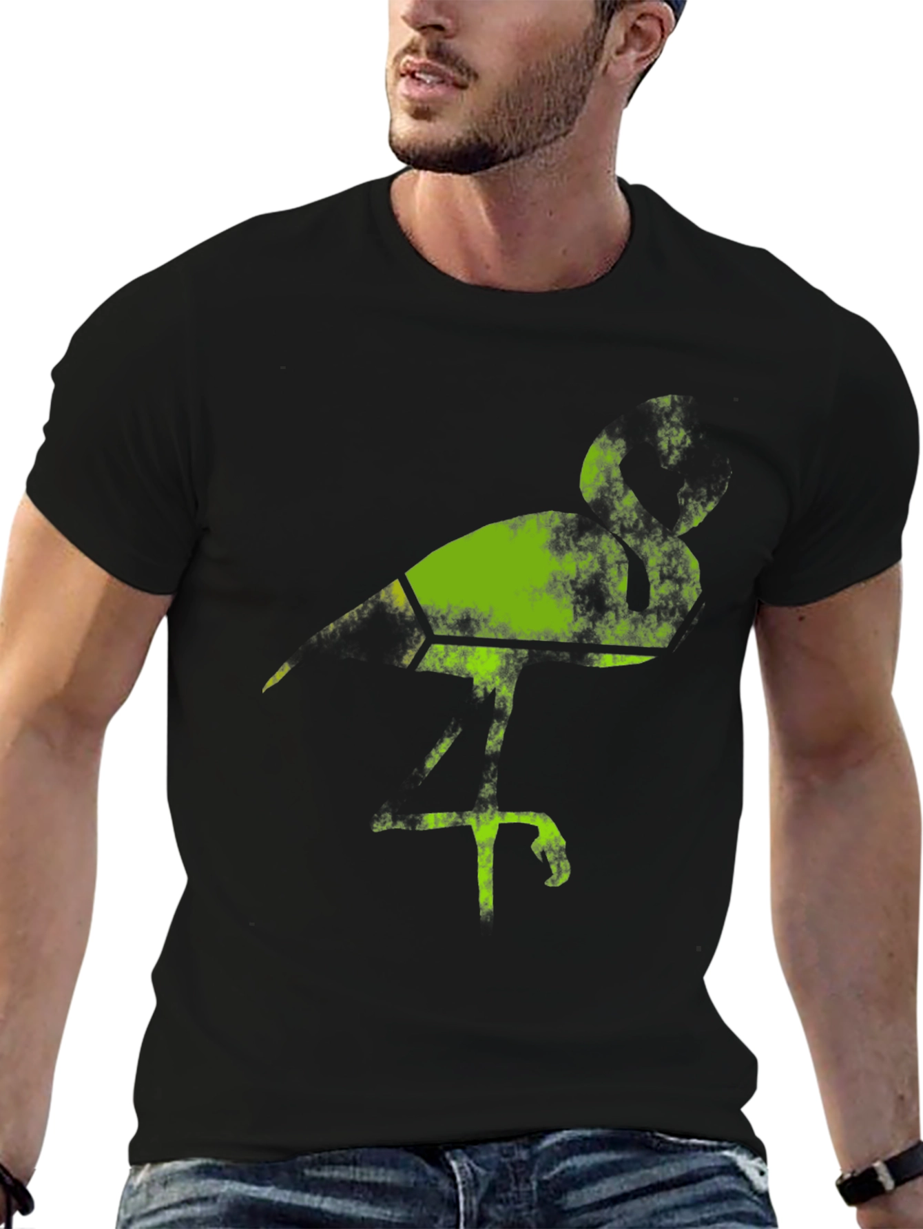 Black Green Bird Graphic Black T-Shirt view 6