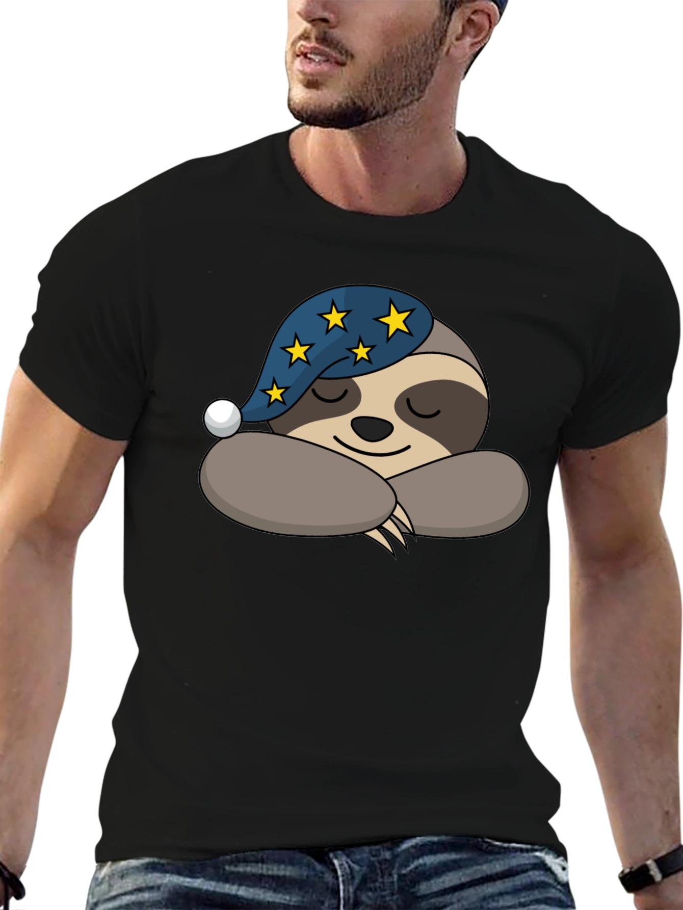 Black Sleeping Sloth T-Shirt - Starry Nightcap Cute Animal Tee view 6