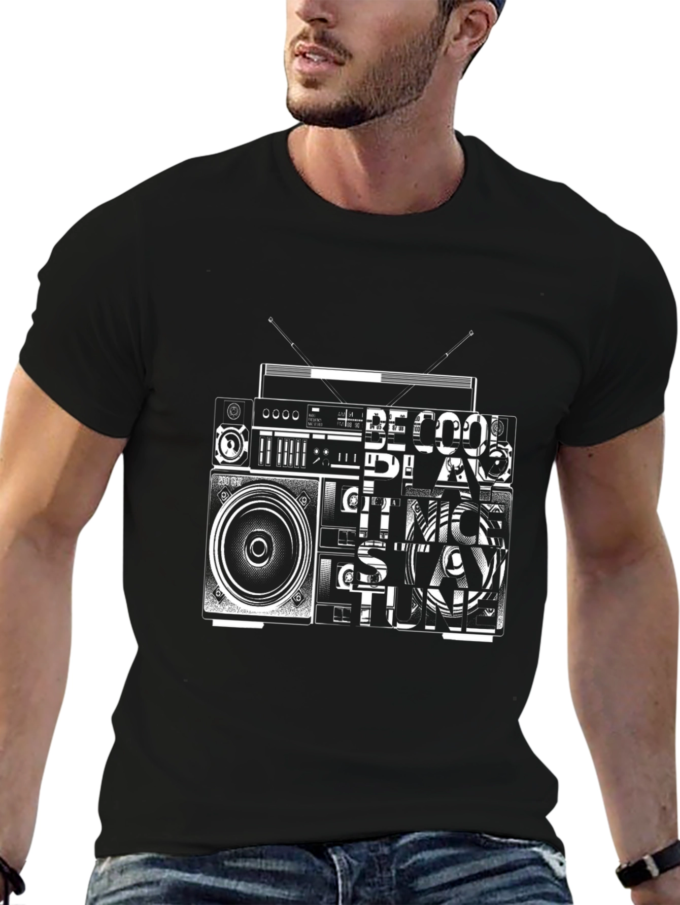 Black Retro Radio Graphic Tee - Black Cotton T-Shirt view 6
