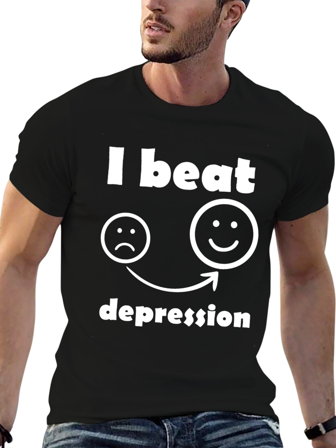 Black I Beat Depression Graphic T-Shirt view 6