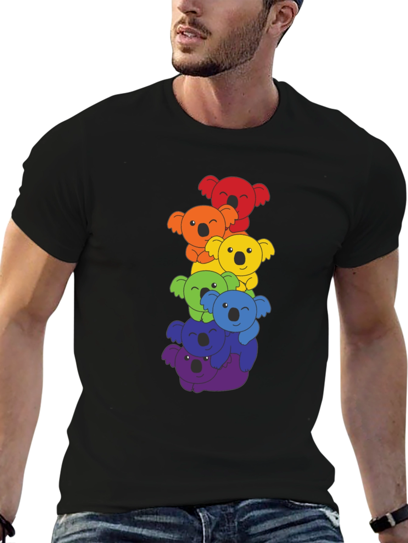 Black Rainbow Koala Stack Graphic Tee - Black Cotton Shirt view 6
