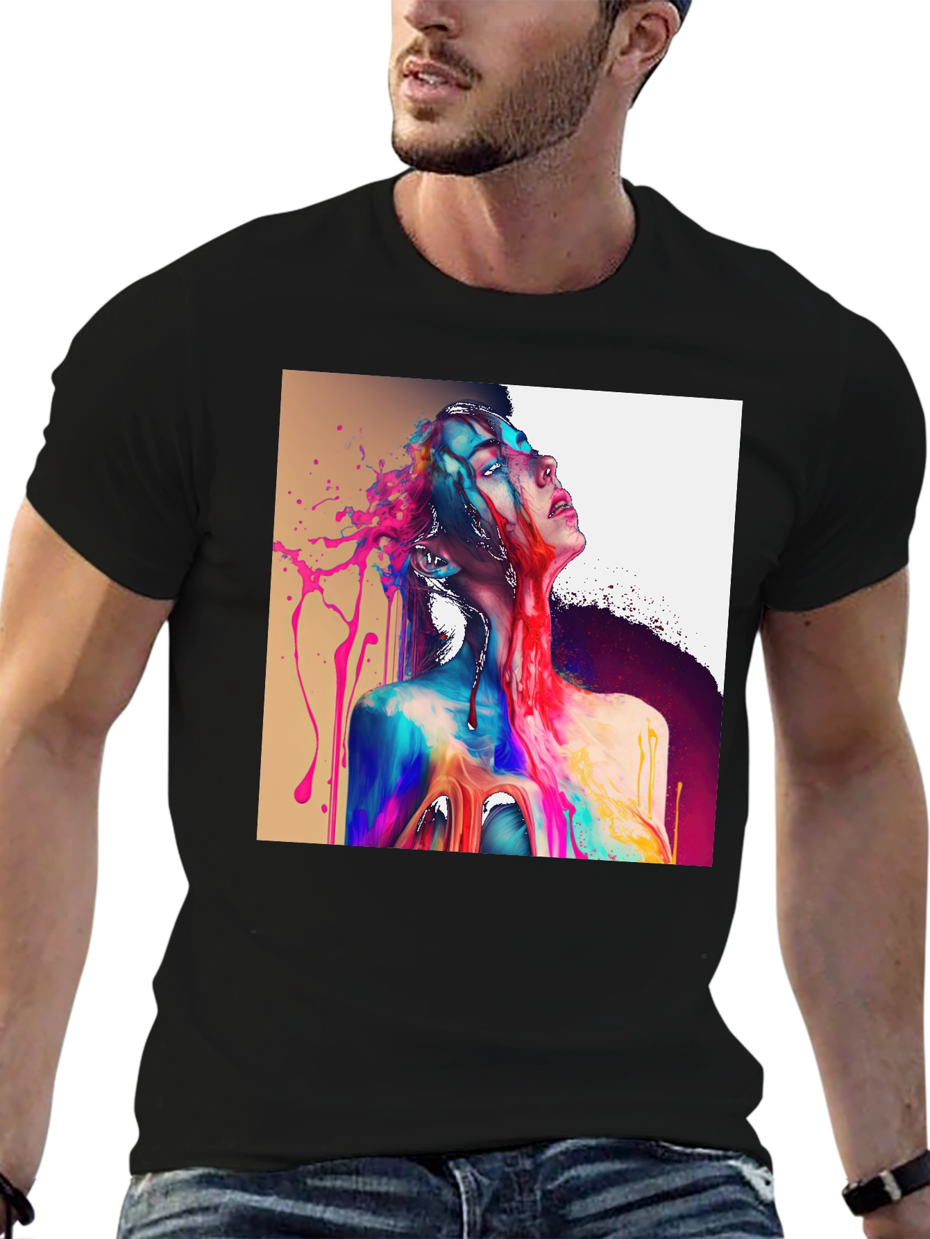 Black Abstract Art Tee: Colorful Expression view 6