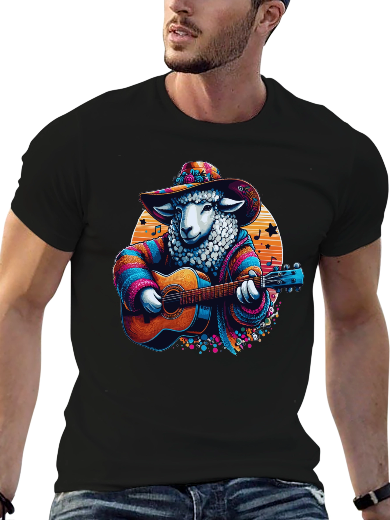 Black Musical Sheep T-Shirt: Colorful Graphic Tee view 6