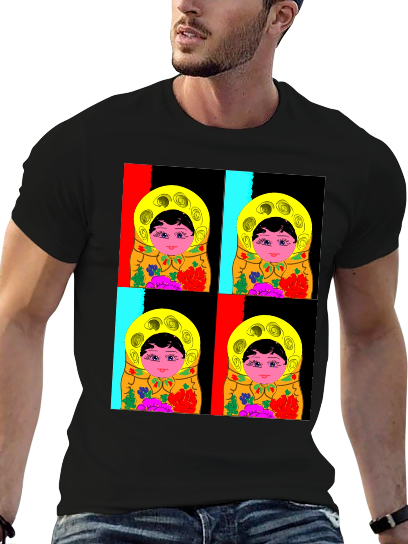 Black Matryoshka Doll Graphic T-Shirt, Black Cotton Tee view 6