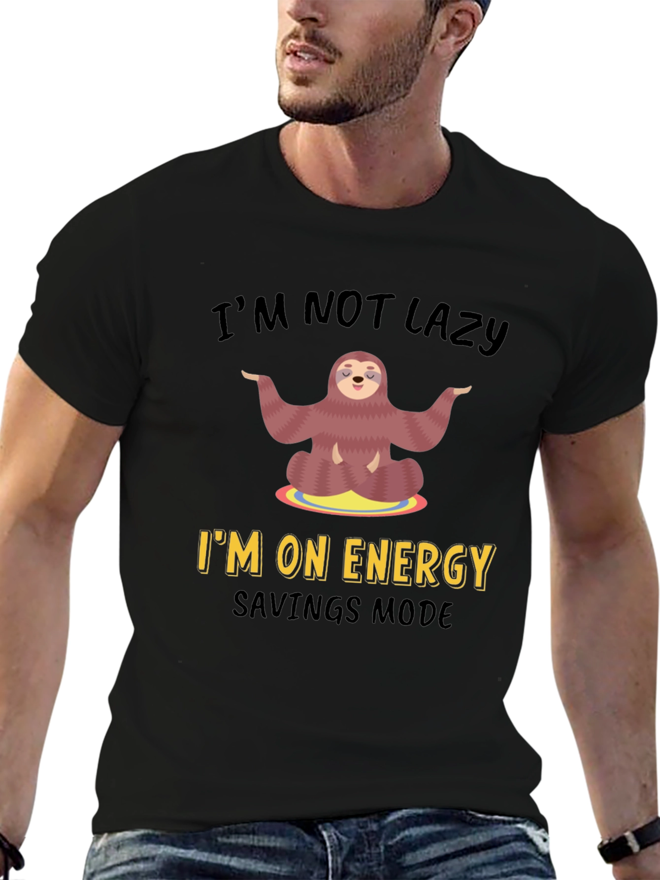 Black Lazy Sloth Energy Saving Mode Graphic T-Shirt view 6