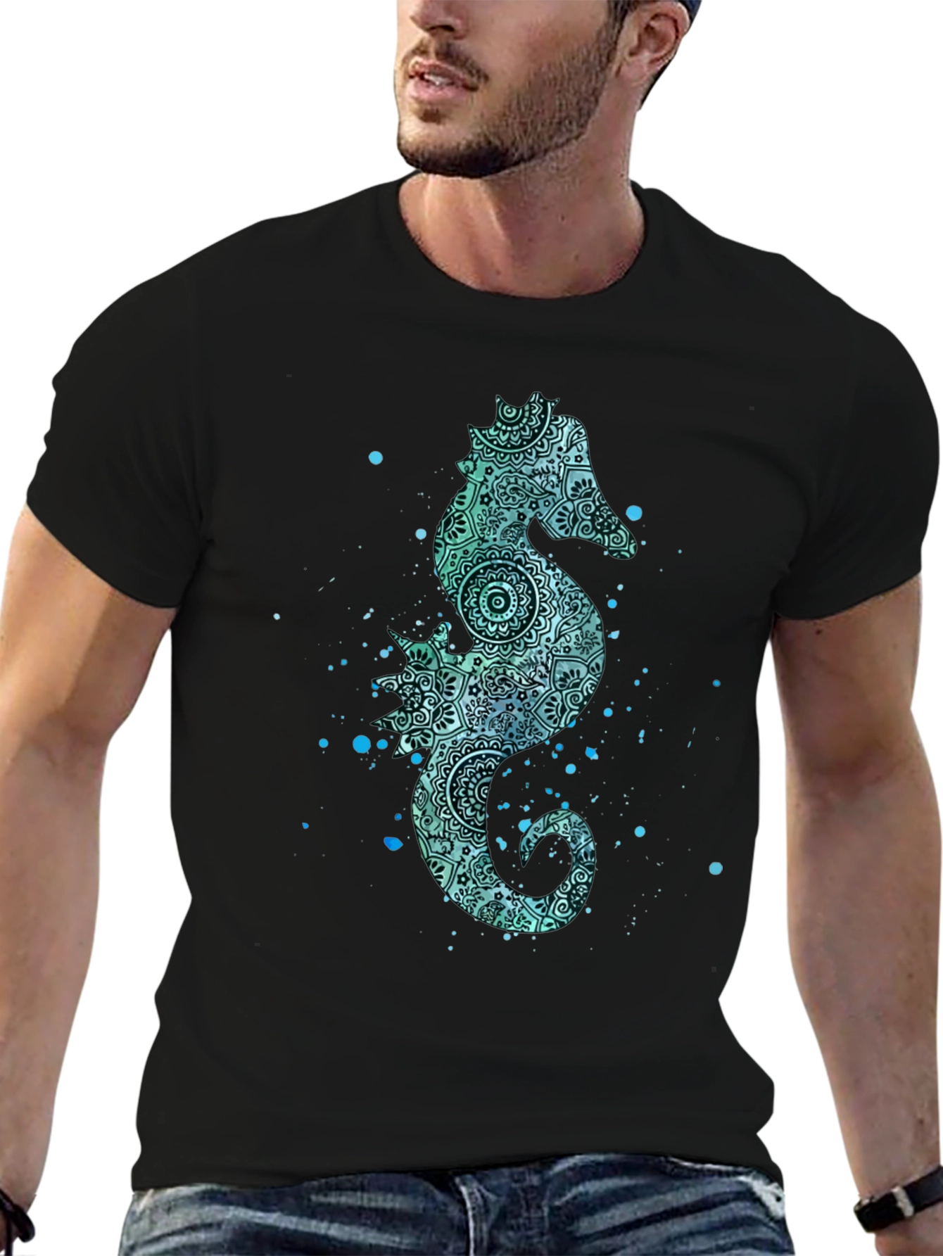 Black Seahorse Graphic Tee - Men's Black Cotton T-Shirt view 6