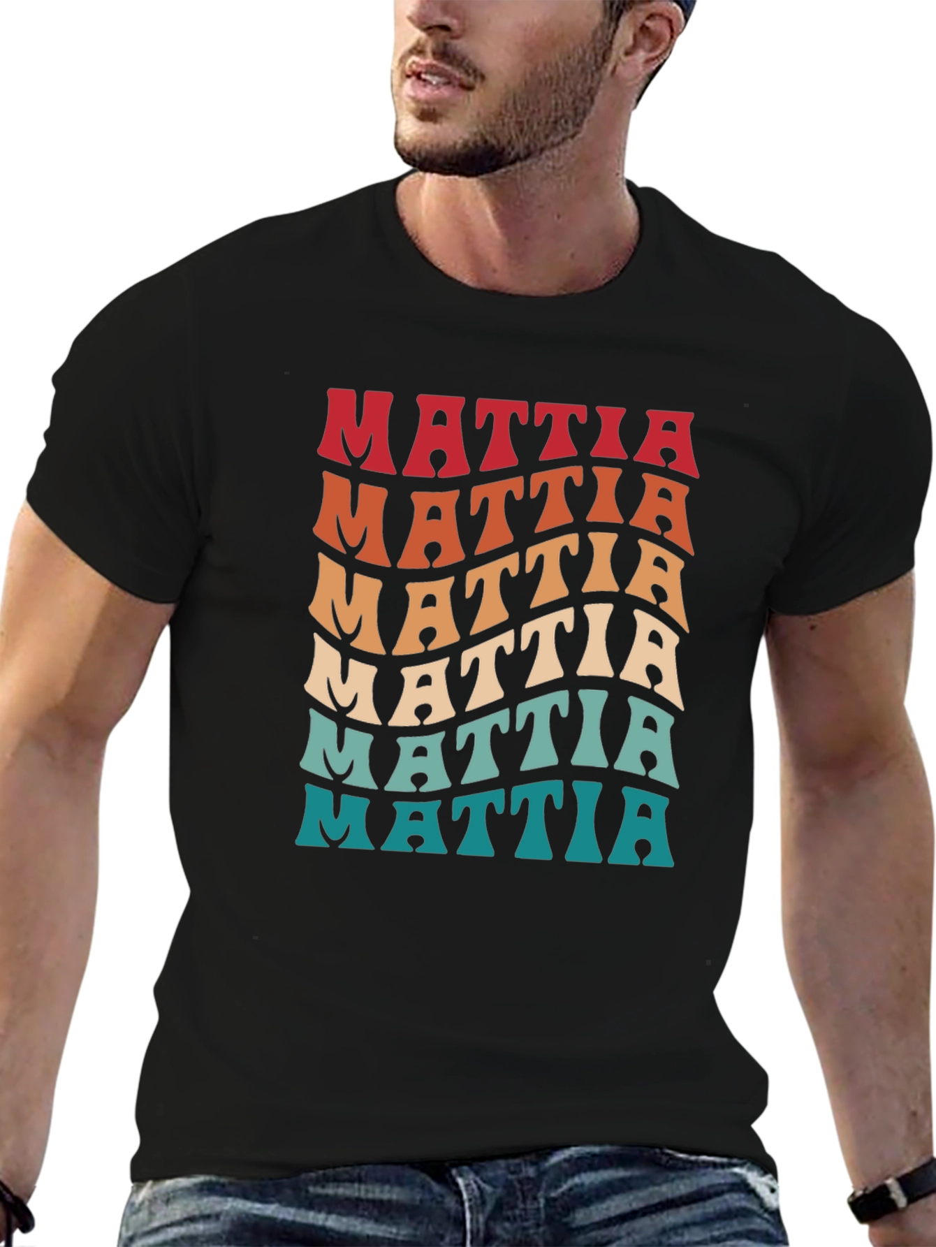Black Retro Name Mattia Wavy Text T-Shirt view 6