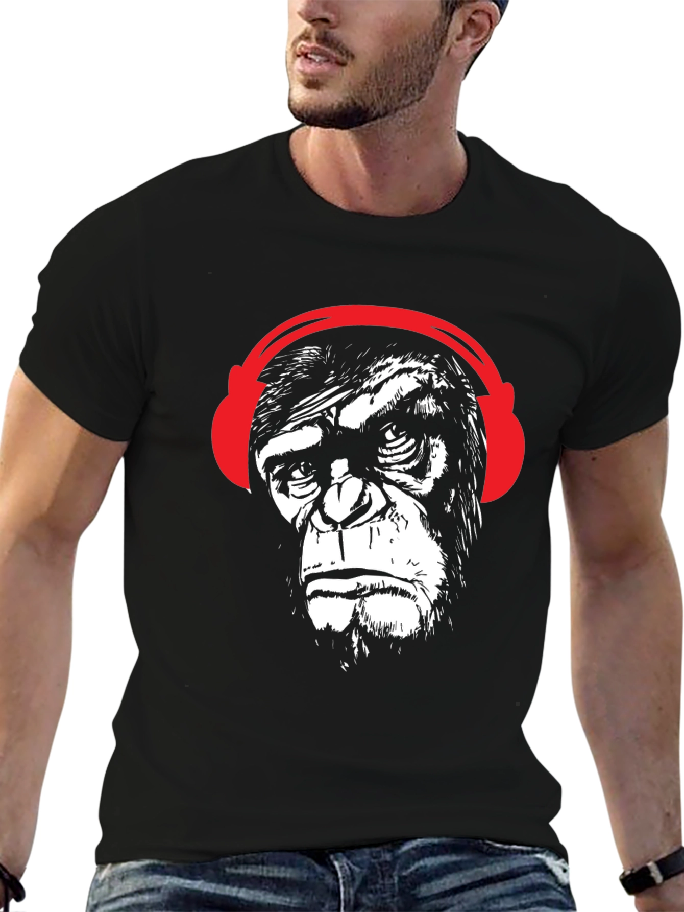 Black Cool Ape with Headphones Graphic Tee - Black view 6