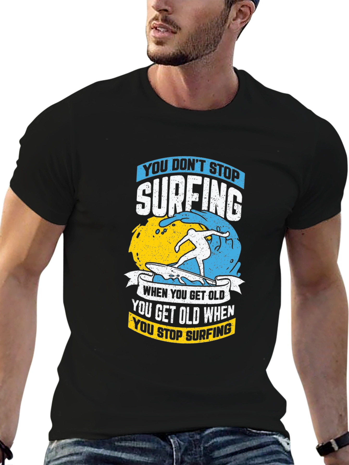 Black Surfing Graphic T-Shirt - Never Stop Surfing! view 6