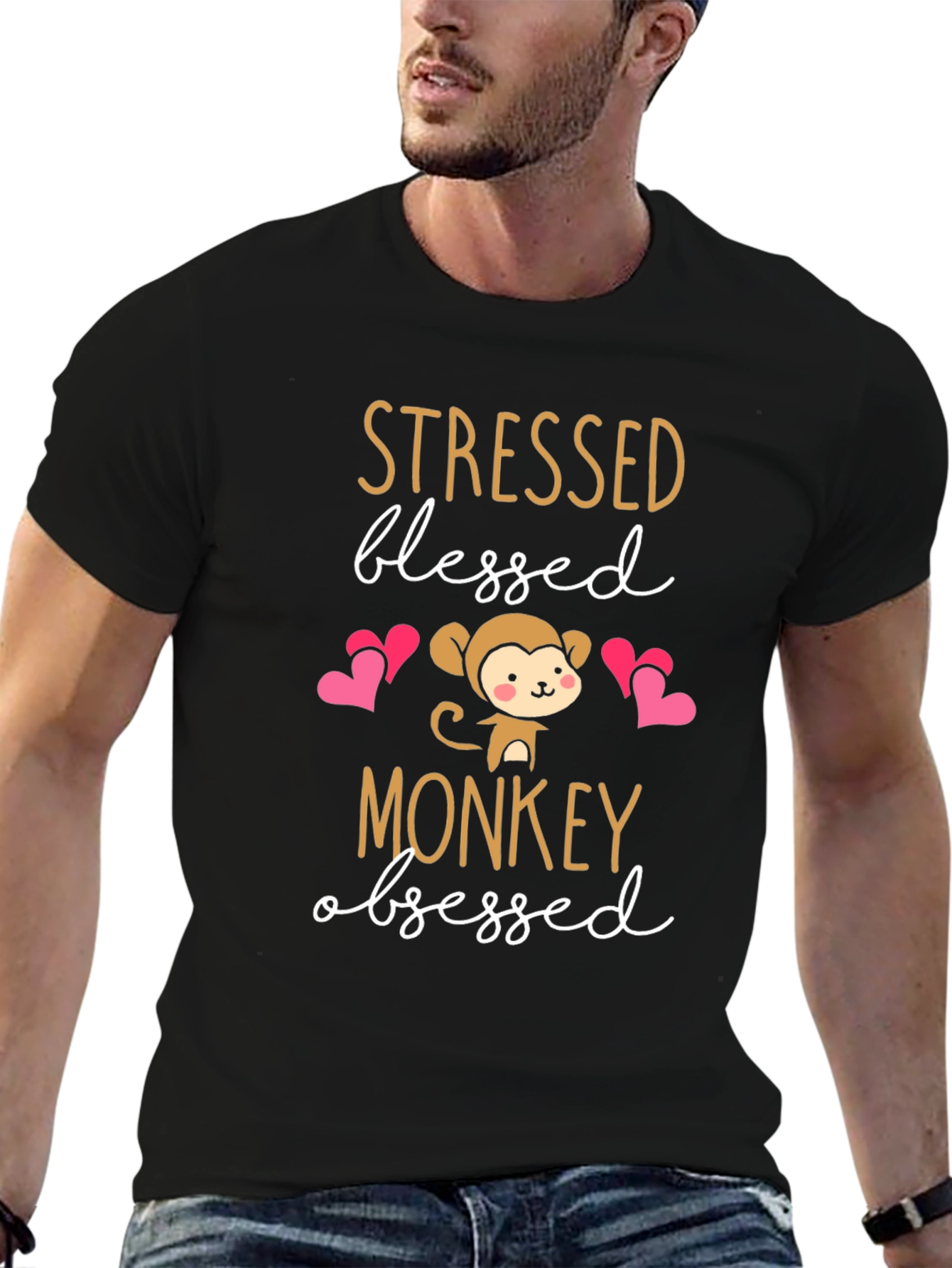 Black Stressed Blessed Monkey Obsessed T-Shirt view 6