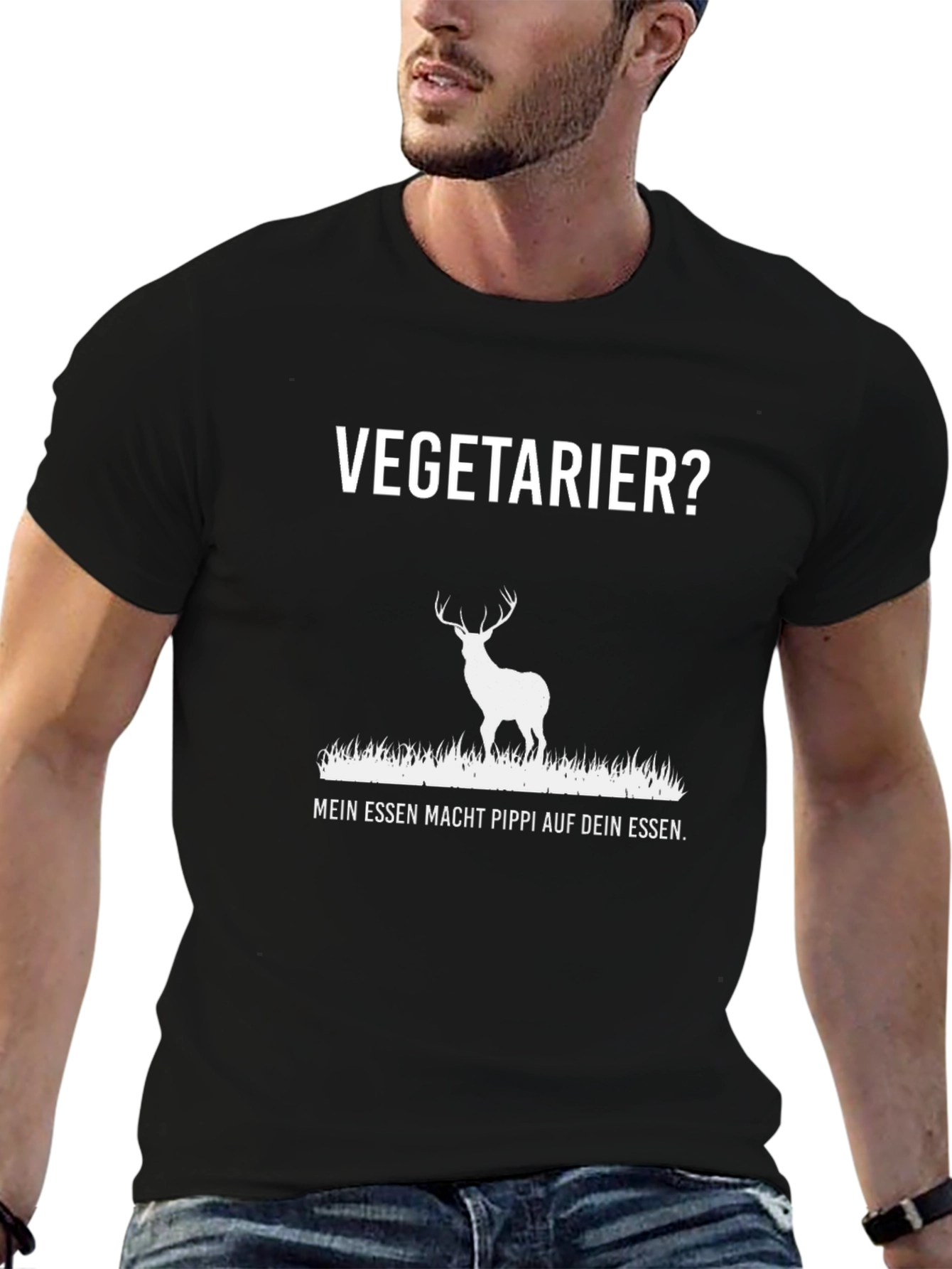 Black Vegetarier Funny Deer T-Shirt - My Food Pees On Your Food view 6