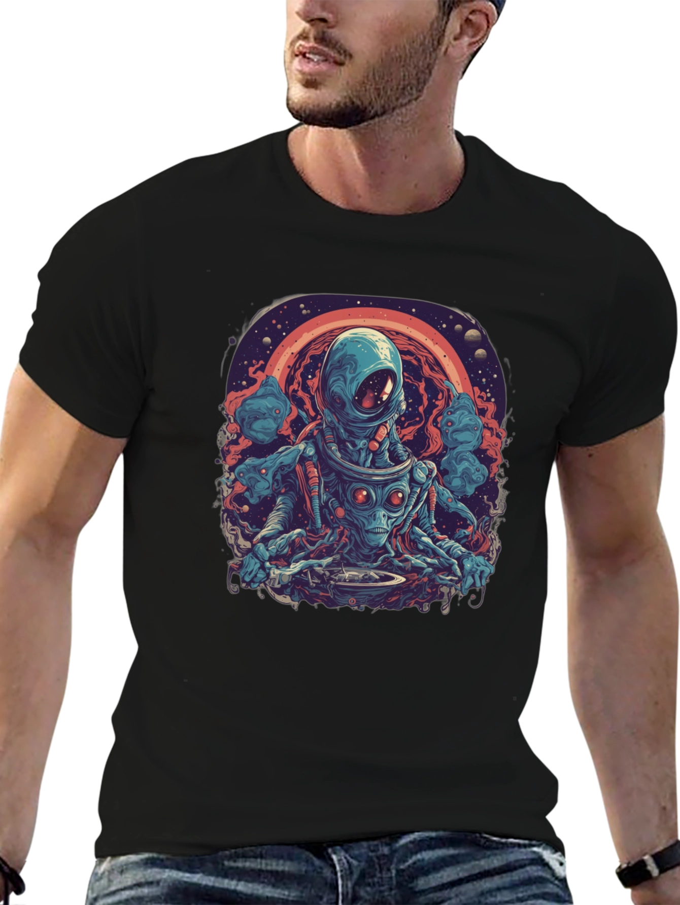 Black Cosmic Alien DJ Graphic Tee - Black view 6