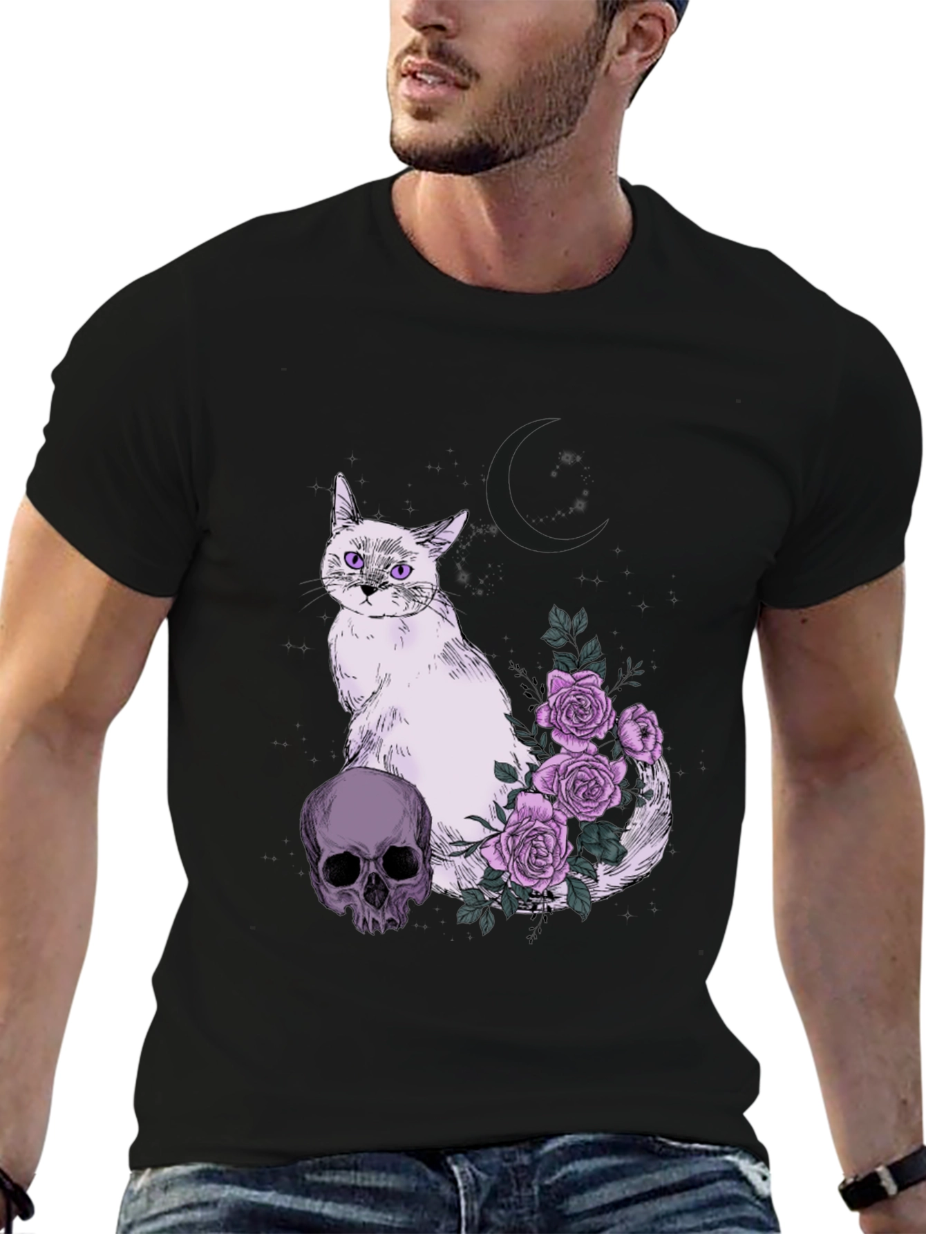 Black Gothic Cat Skull & Roses T-Shirt view 6