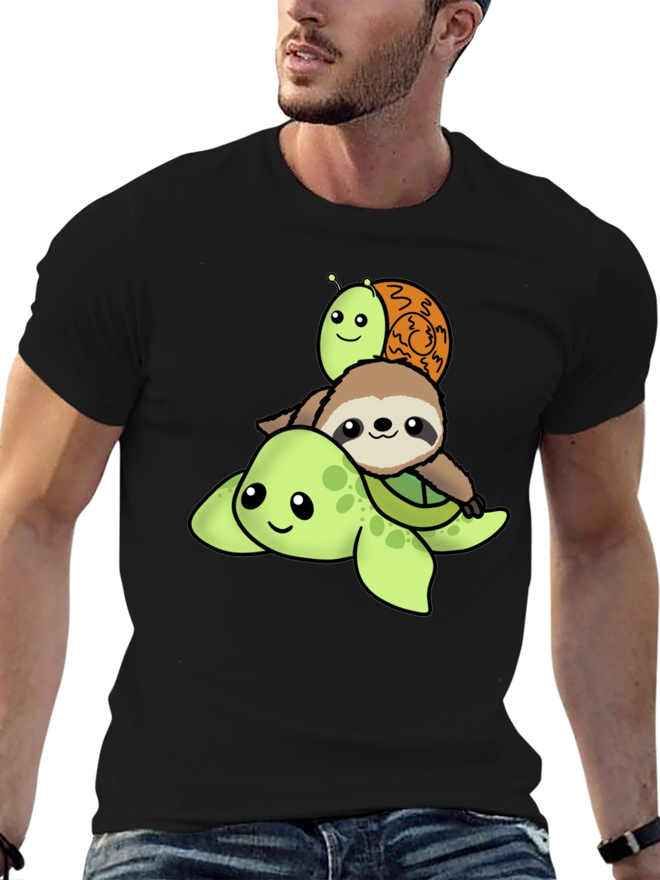 Black Turtle, Sloth, Snail Cartoon Stack T-Shirt view 6