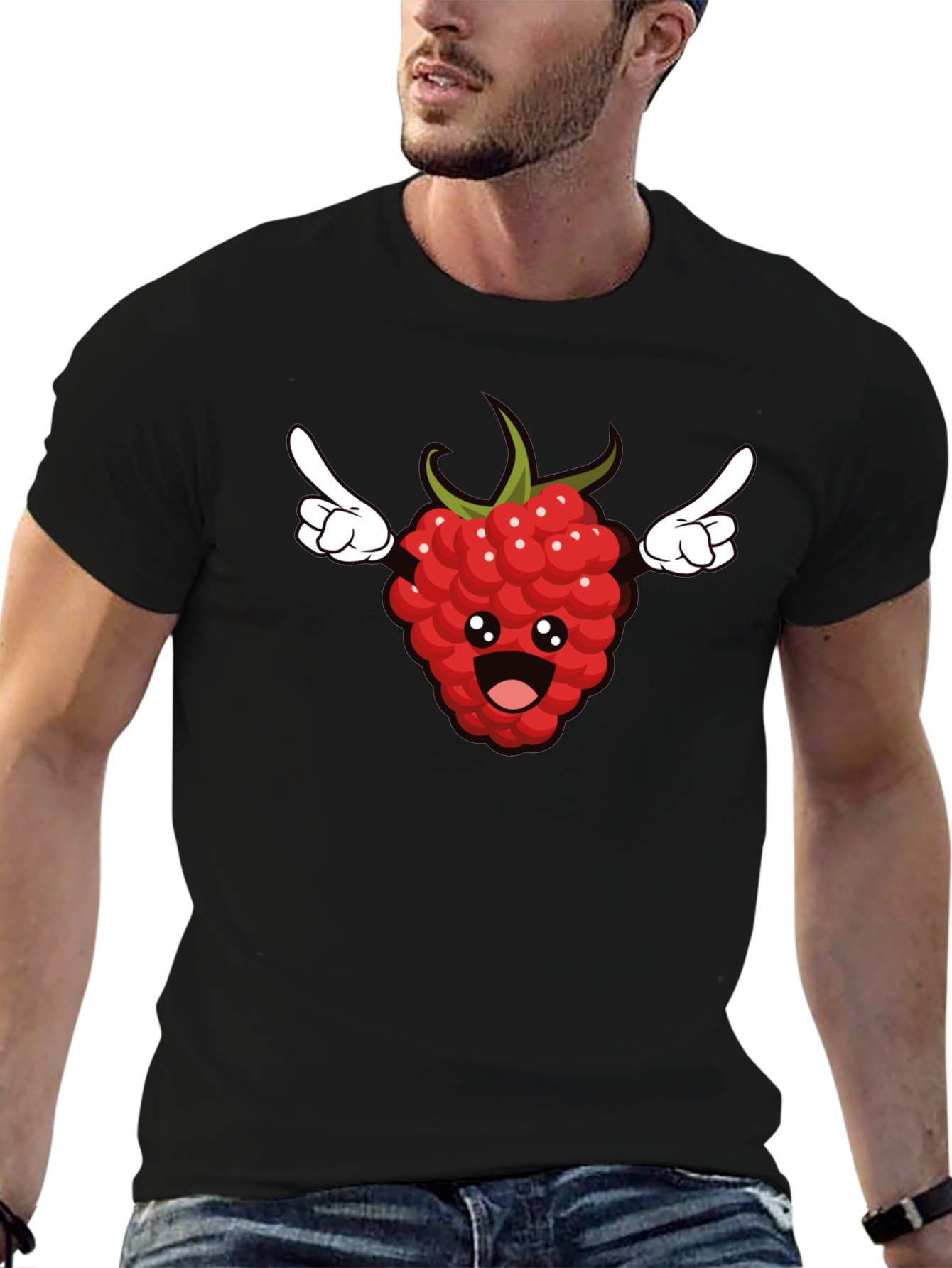 Black Funny Raspberry Cartoon Graphic T-Shirt - Black view 6