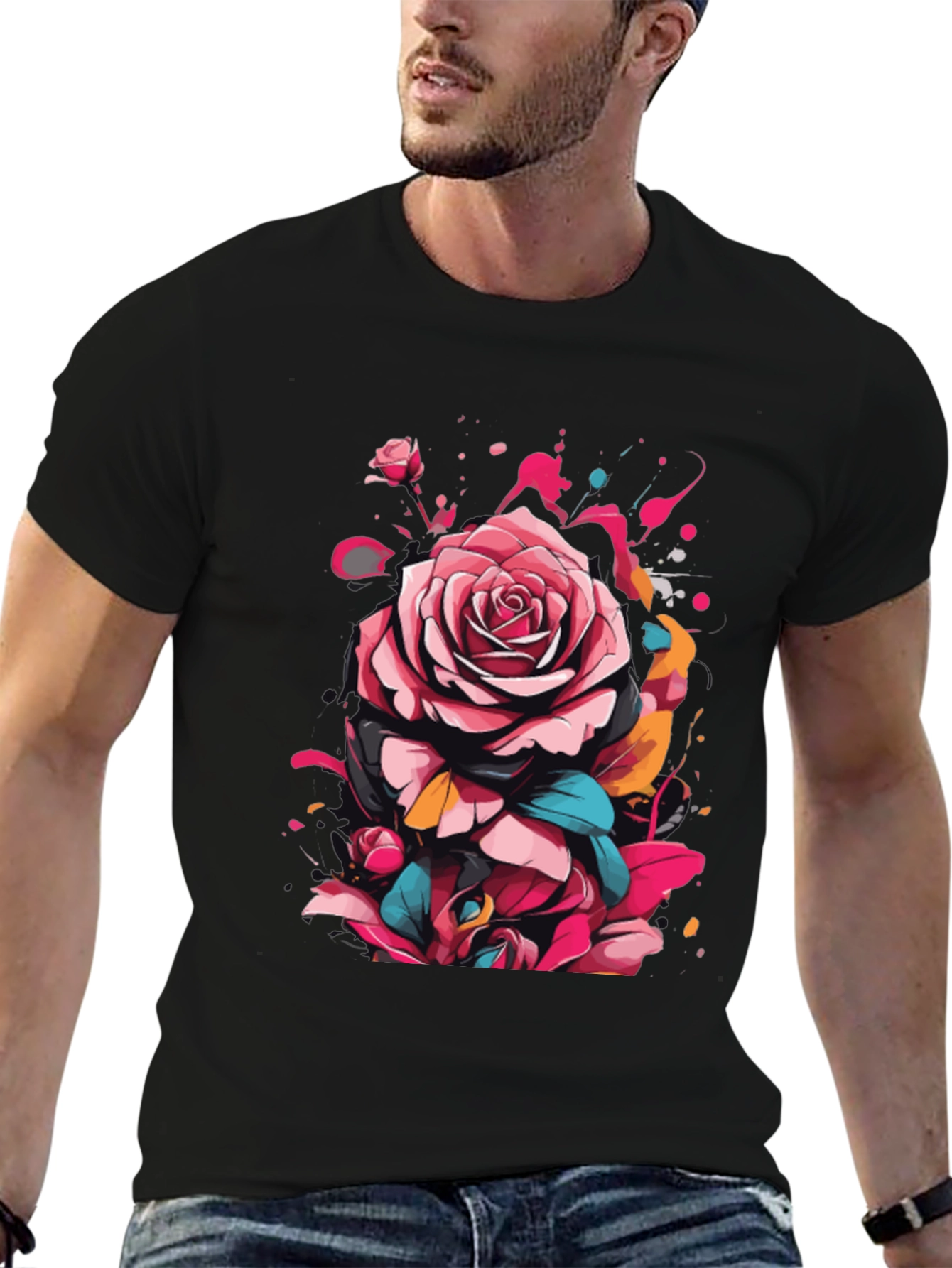 Black Floral Rose Graphic Tee - Abstract Art Shirt view 6
