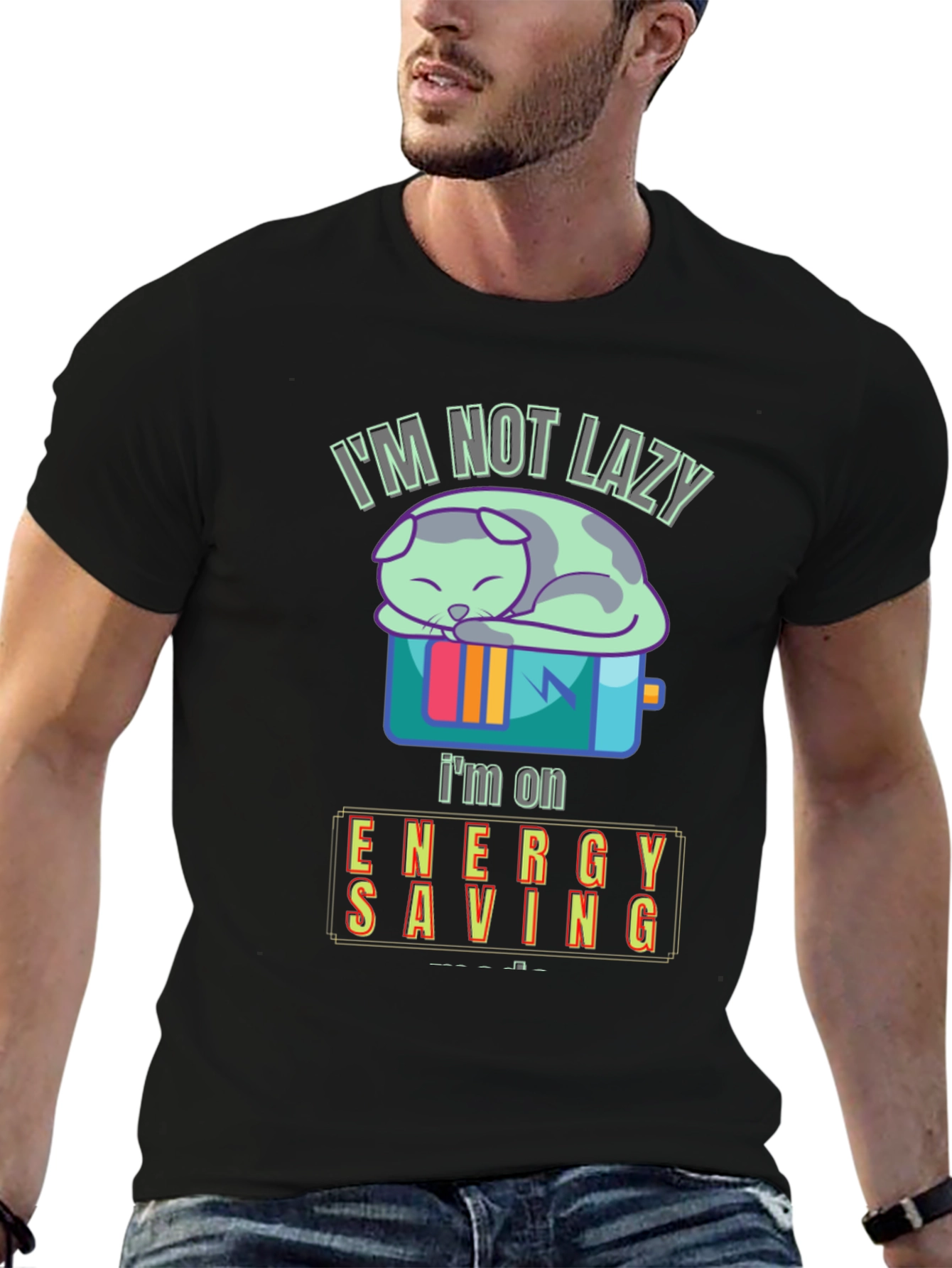 Black I'm Not Lazy, I'm on Energy Saving Funny Cat T-Shirt view 6
