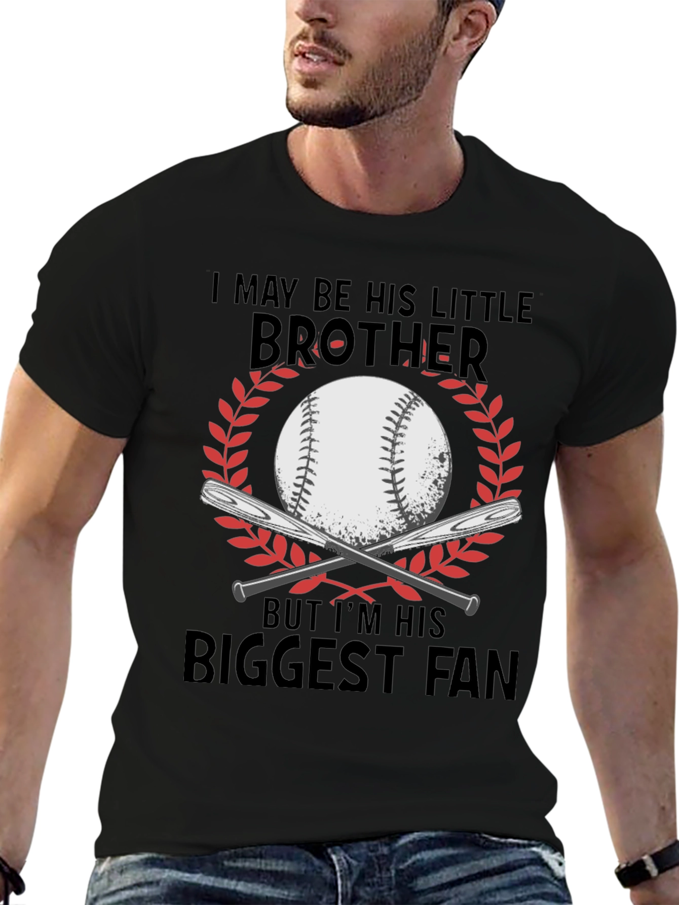 Black Little Brother Biggest Fan Baseball T-Shirt view 6